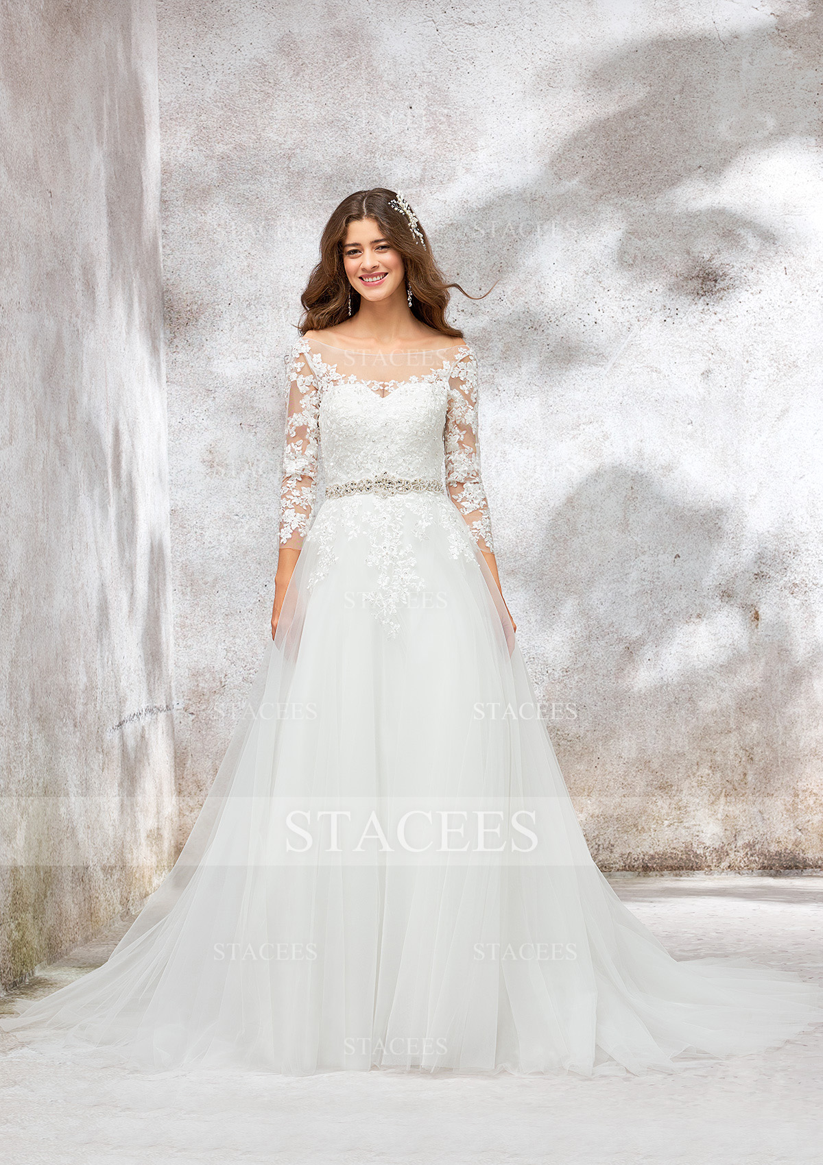Ivory Ball Gown Illusion Neck Full/Long Sleeve Chapel Train Tulle Wedding Dress With Waistband Lace Beading Appliques - STACEES