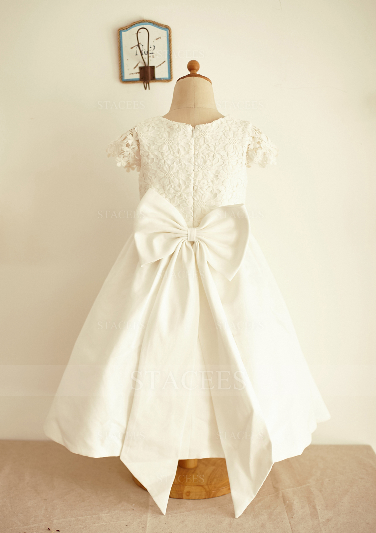 As Picture A-line/Princess Short Sleeve Scoop Neck Tea-Length Lace Cotton Flower Girl Dress With Bowknot - STACEES