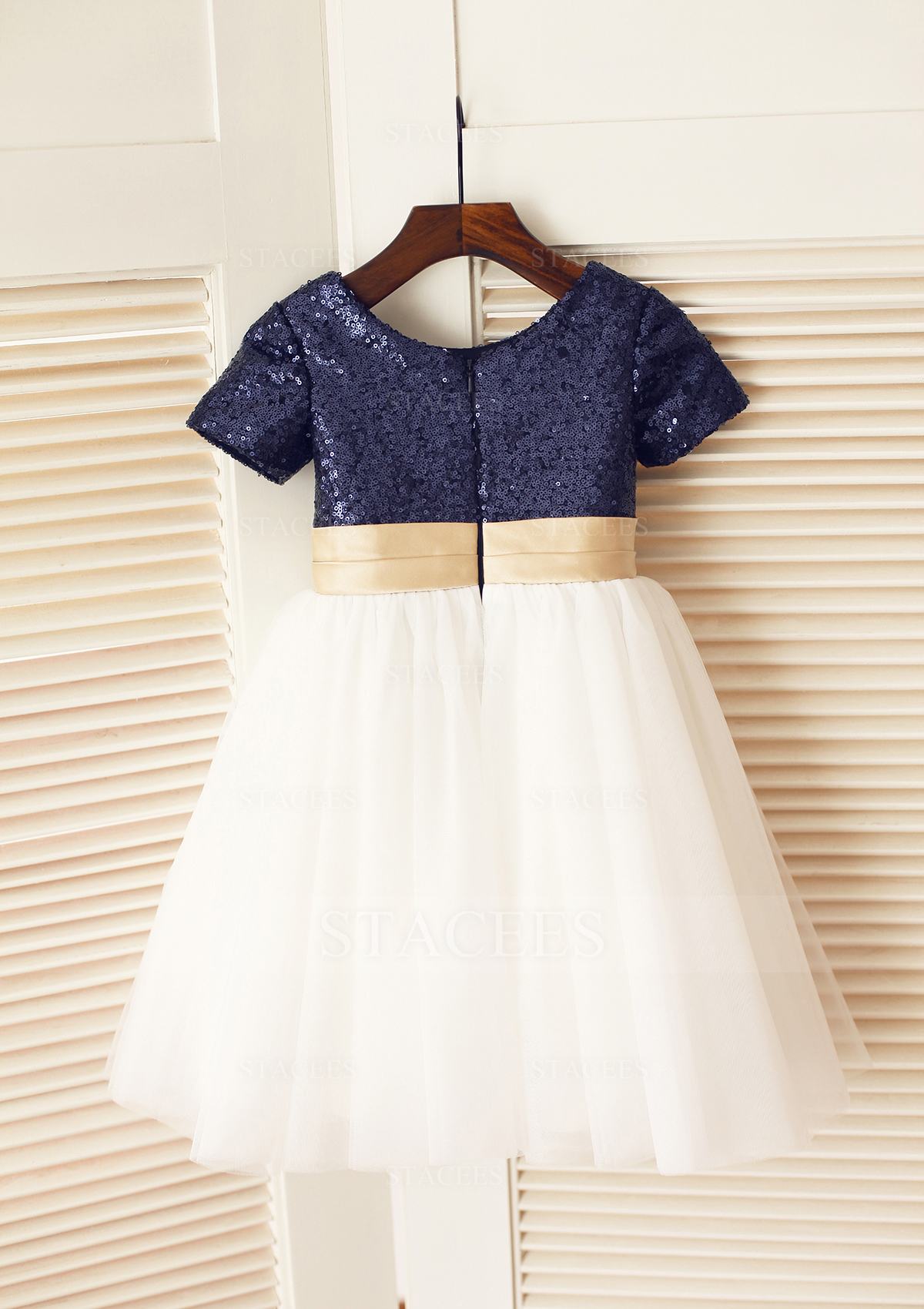 Bleu marine foncé Trapèze/Princesse scoop tulle paillettes longueur genou robe de fille de fleur  - STACEES