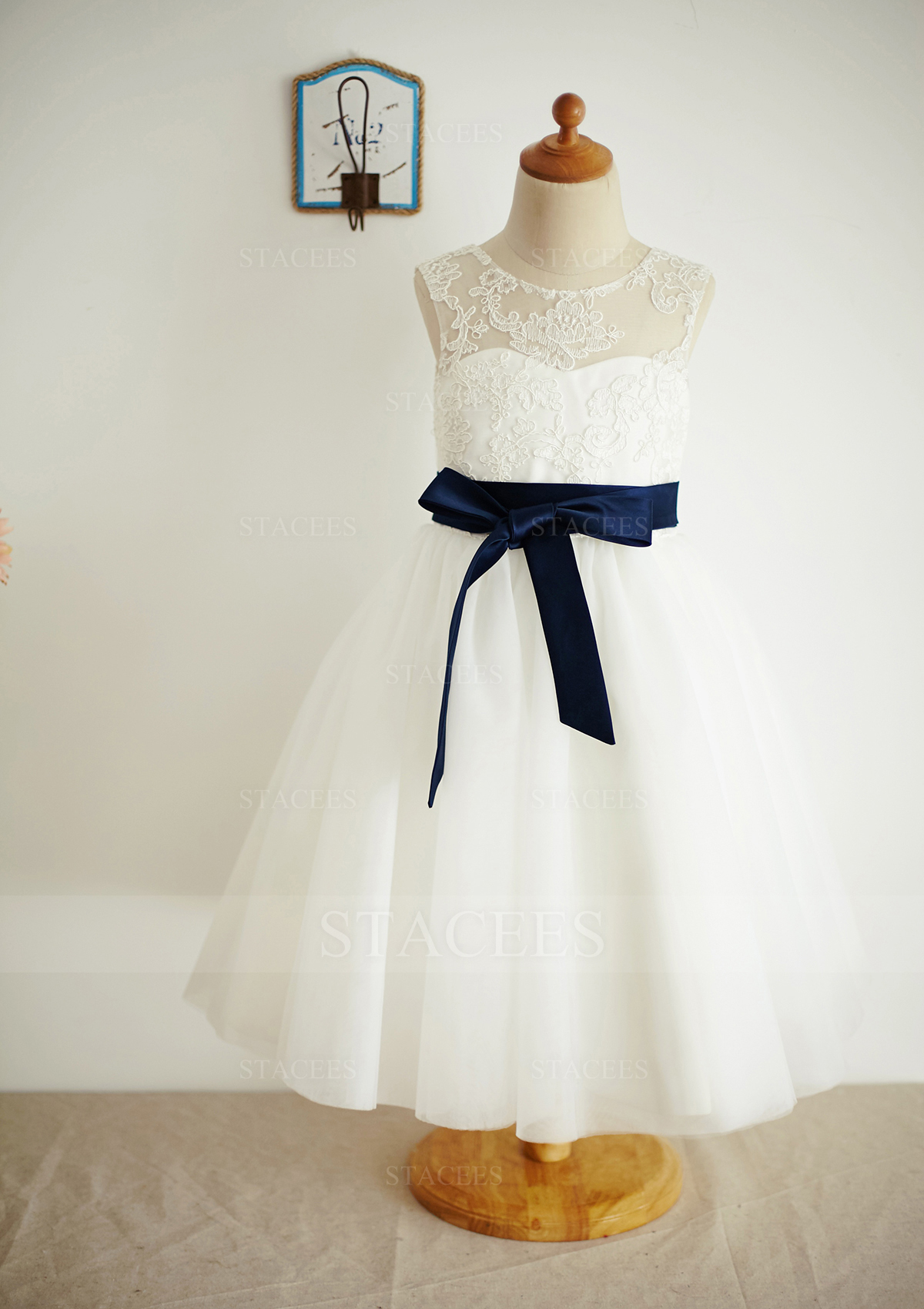 Vestido línea a/princesa escote ilusión encaje tul hasta el tobillo vestido de pajecitas