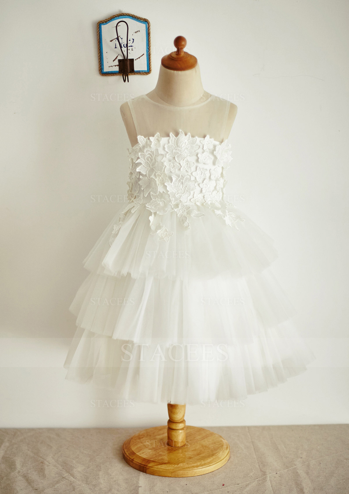 Vestido línea a/princesa escote ilusión encaje tul hasta la tibia vestido de pajecitas