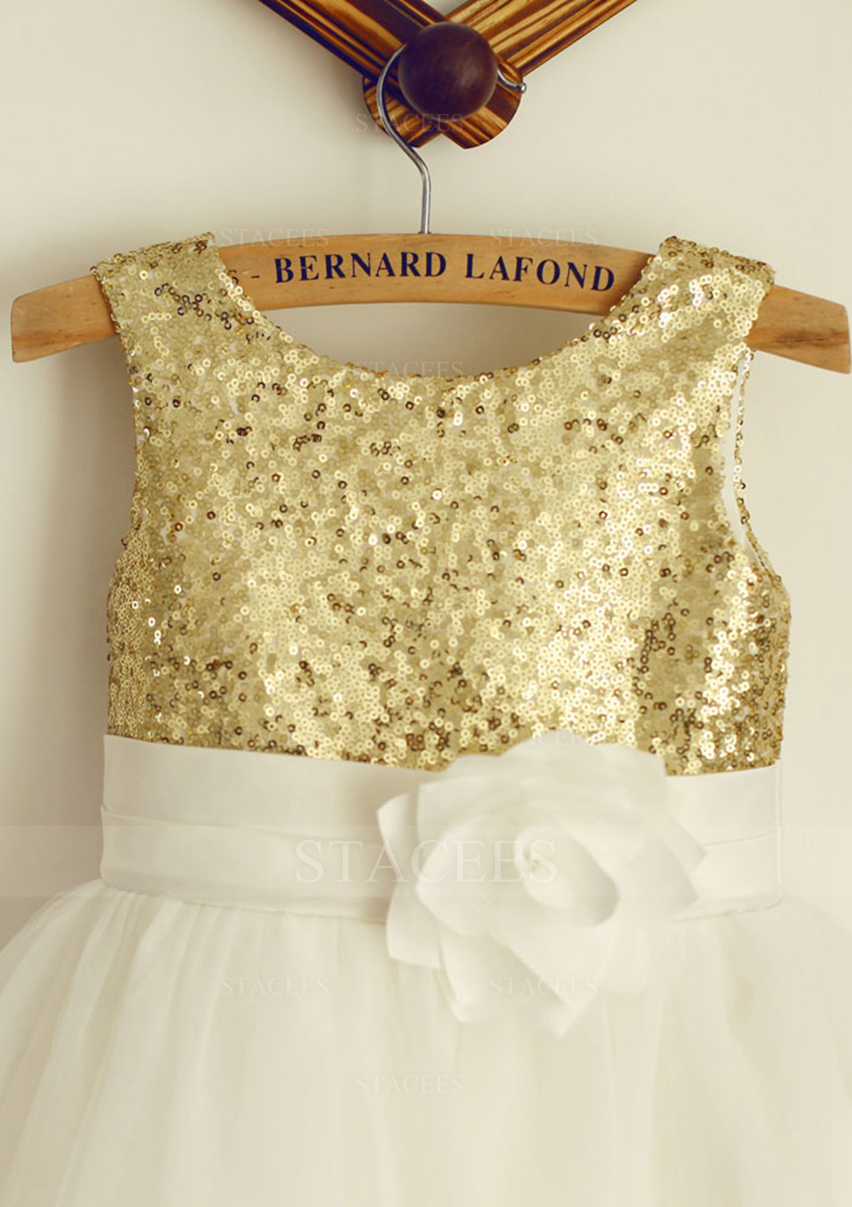 Ivory Beautiful Sequined Top Tulle Flower Girl Dress With Flowers - STACEES