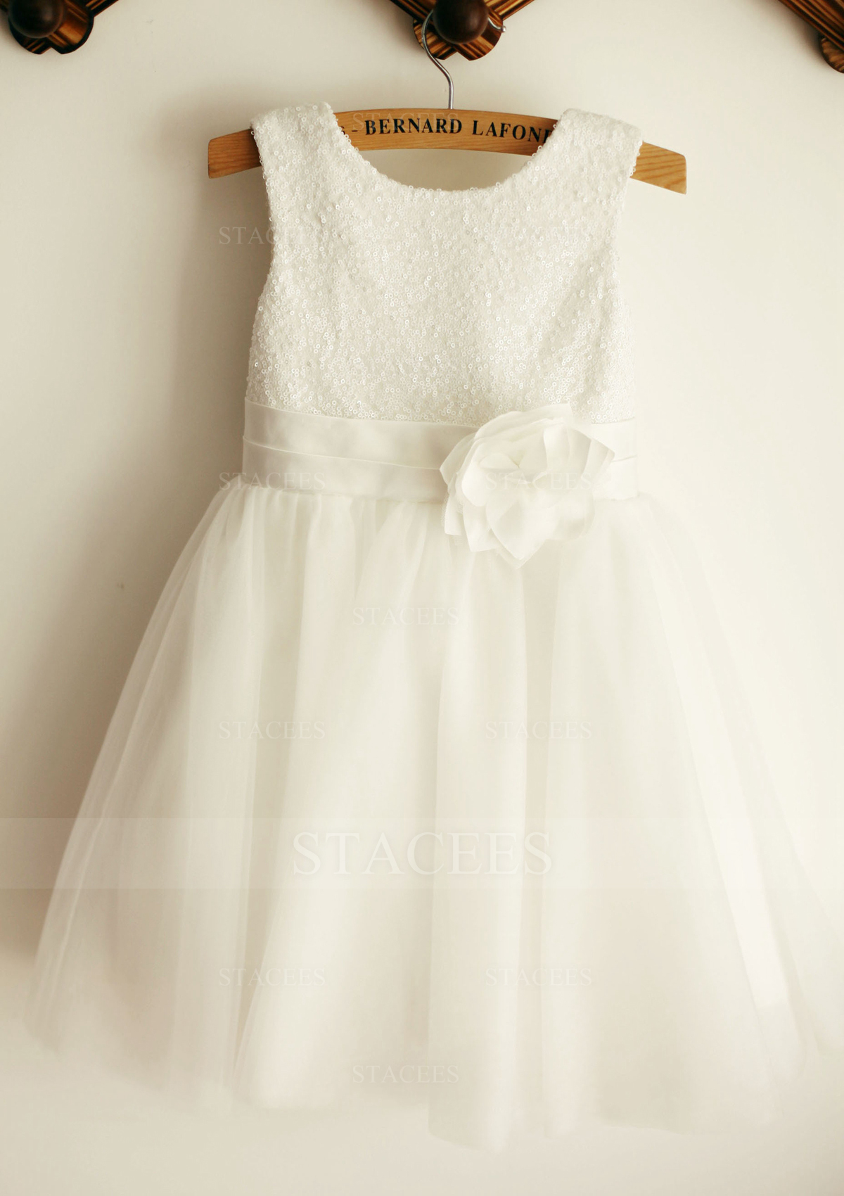 Ivory Beautiful Sequined Top Tulle Flower Girl Dress With Flowers - STACEES