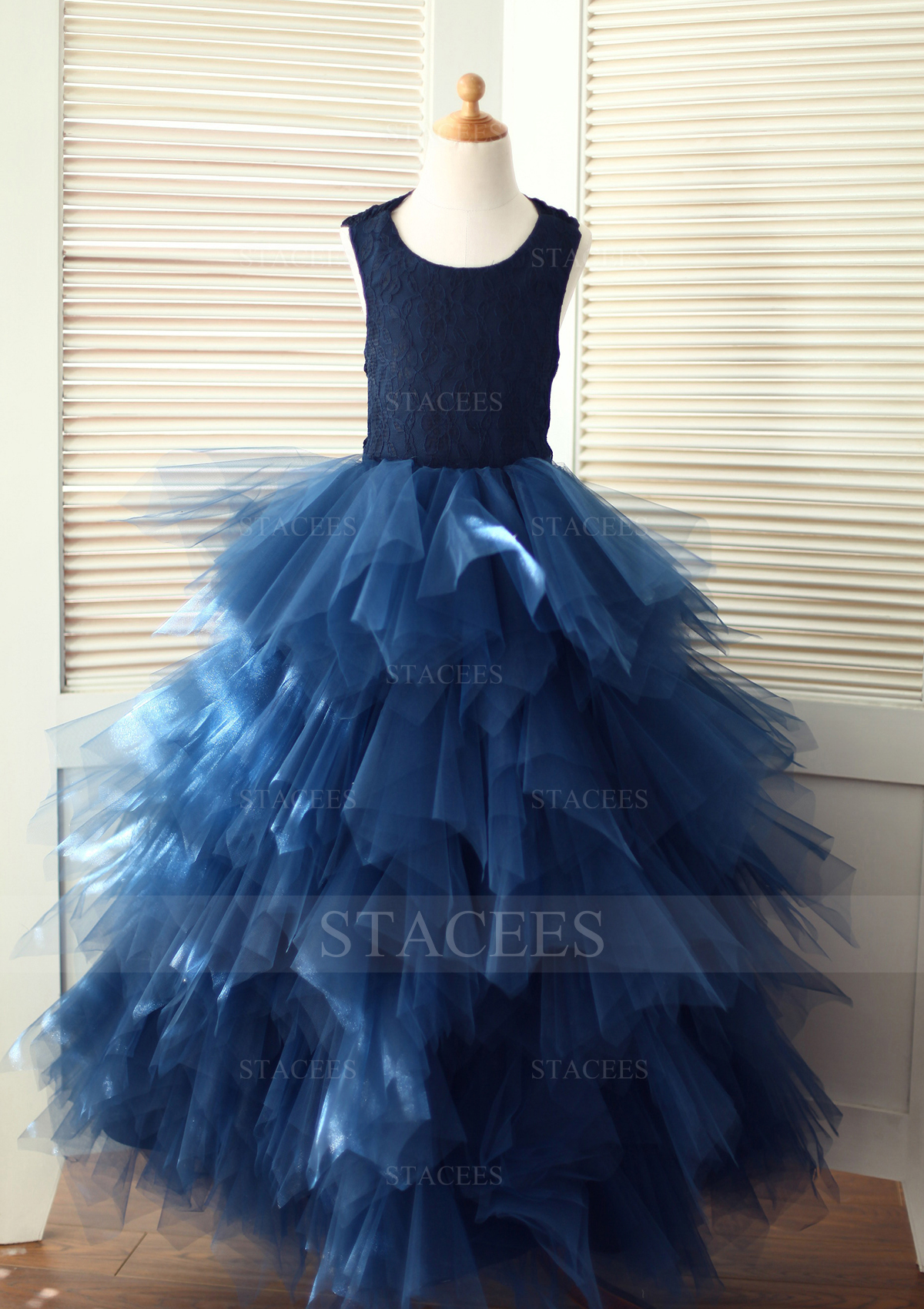 Ink Blue A-line/Princess Scoop Neck Asymmetrical Tulle Flower Girl Dress - STACEES