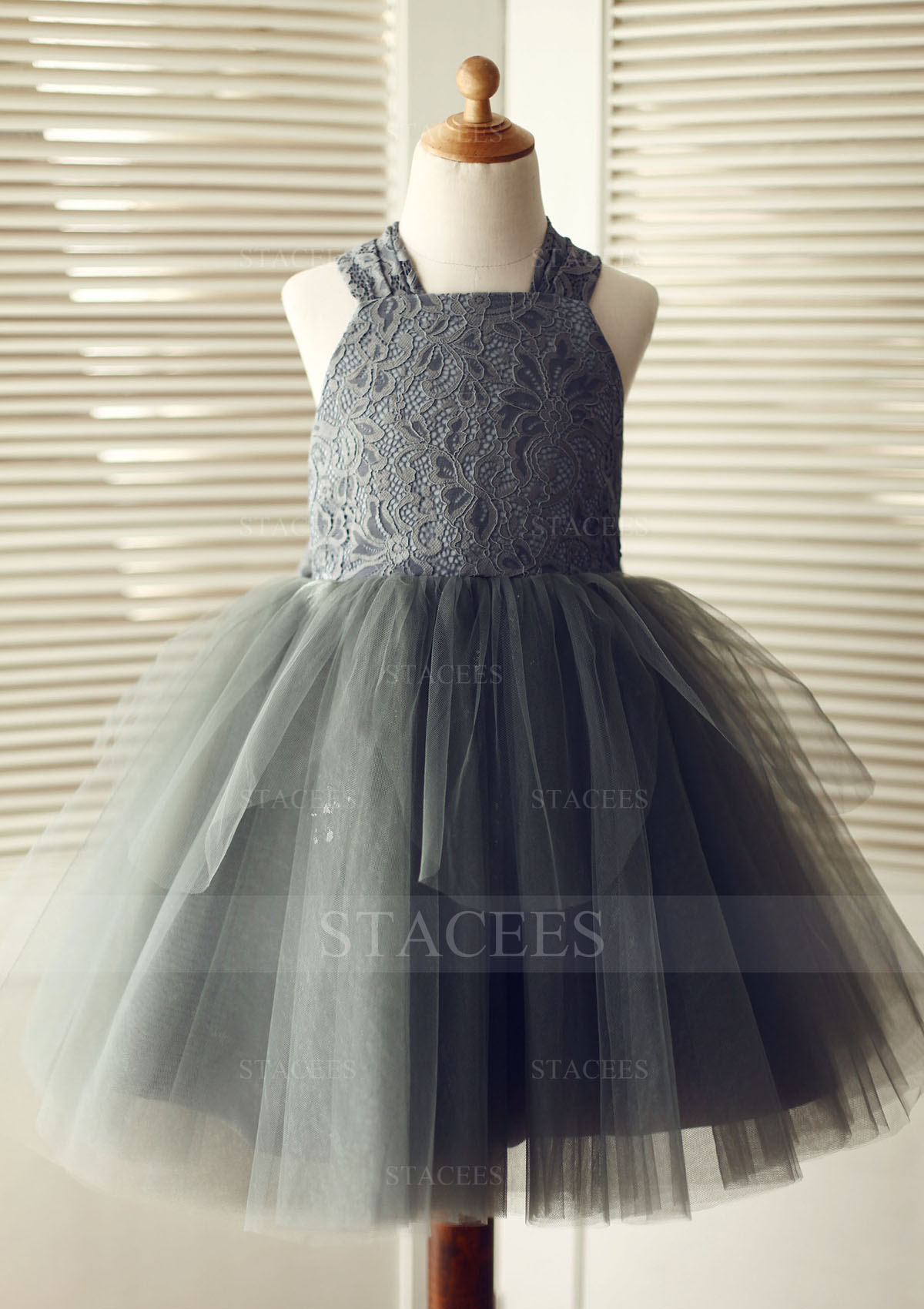 Trapèze/Princesse licou dentelle tulle longueur genou robe de fille de fleur 