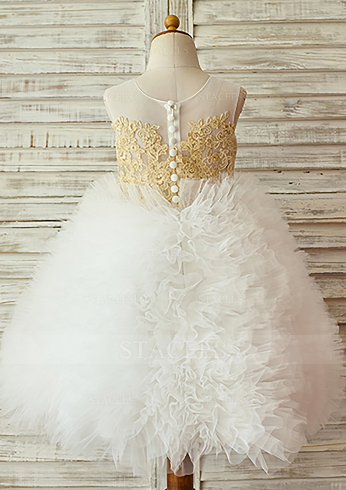 Blanc Robe marquise col Illusion dentelle tulle longueur genou robe de fille de fleur - STACEES