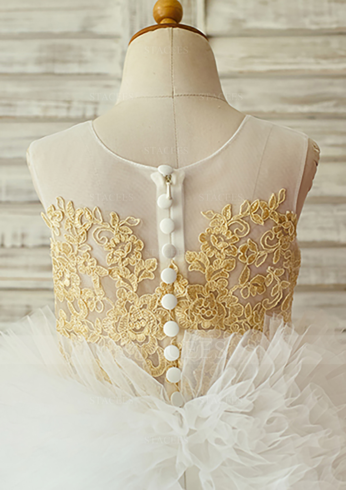 Blanc Robe marquise col Illusion dentelle tulle longueur genou robe de fille de fleur - STACEES