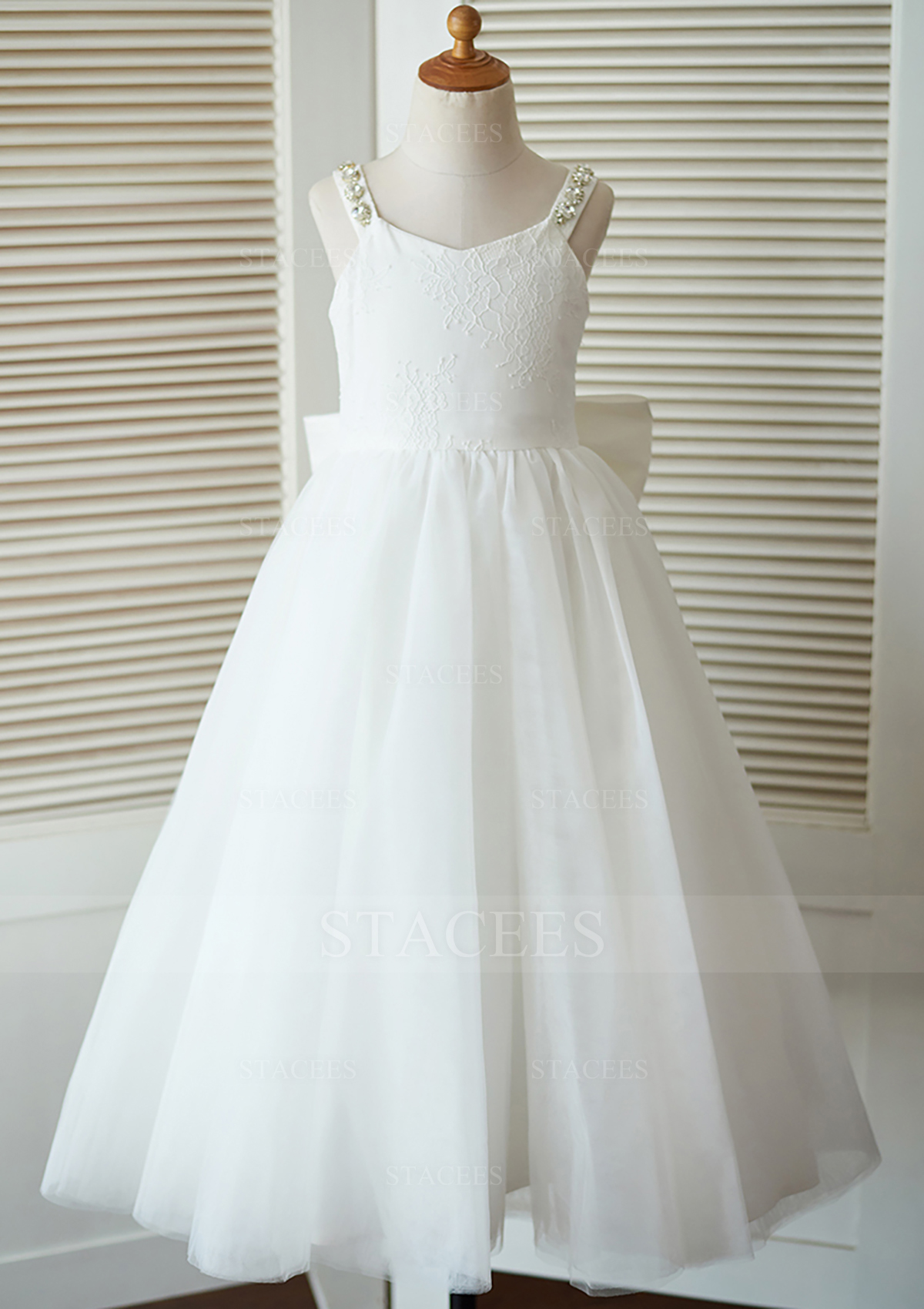 Blanco Vestido línea a/princesa escote redondo encaje tul hasta el tobillo vestido de pajecitas - STACEES