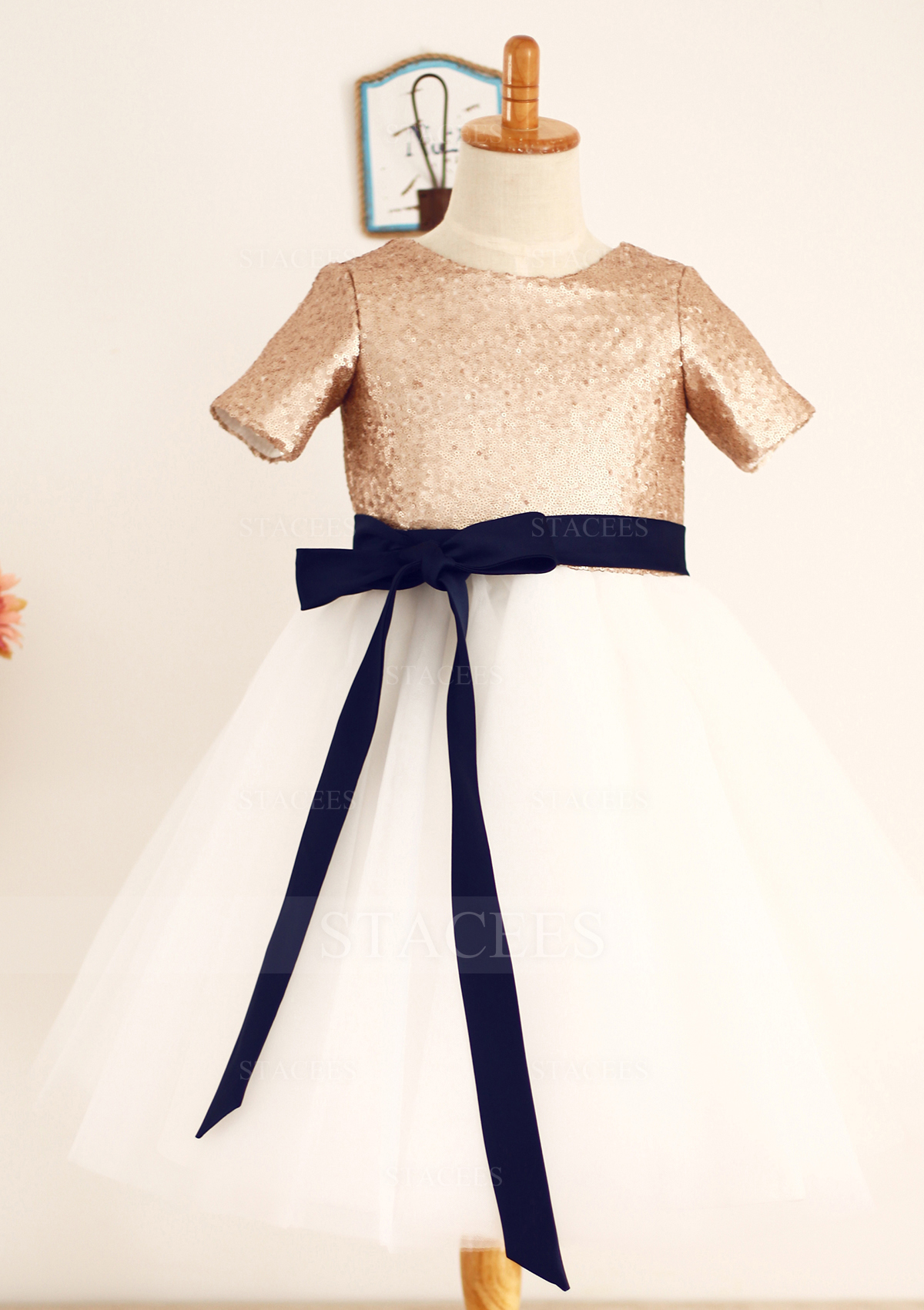 Trapèze/Princesse scoop tulle paillettes longueur mollet robe de fille de fleur 