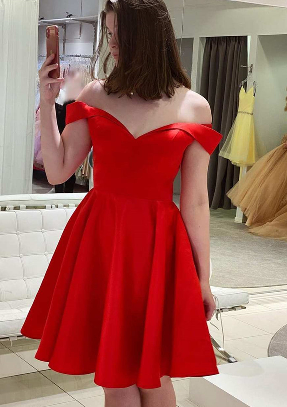 Red A-line Off-the-Shoulder Short/Mini Satin Homecoming Dress - STACEES