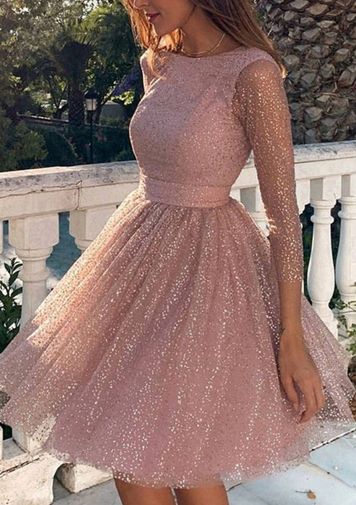 A-line Scoop Neck Full/Long Sleeve Metallic Yarn Short/Mini Homecoming Dress With Glitter