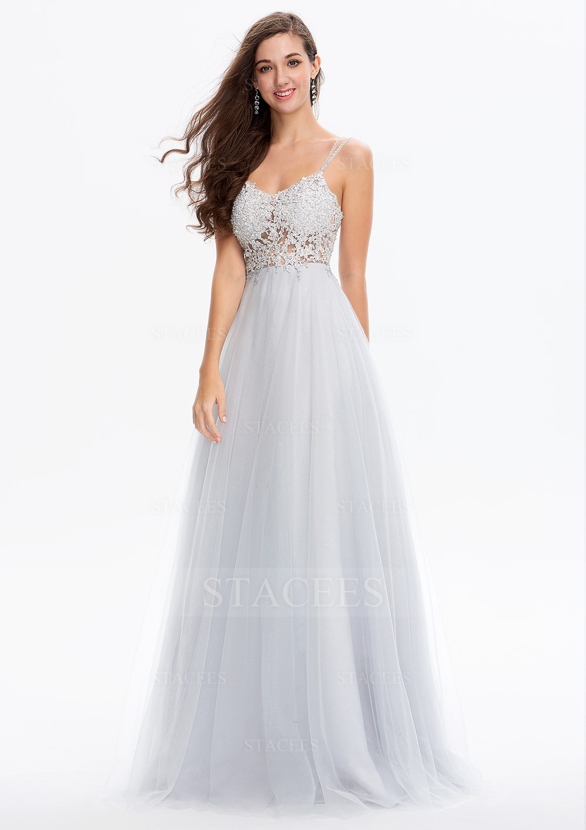 Argent Robe trapèze cache cœur tulle satin longueur ras du sol robe de bal avec appliqué perle brillant - STACEES