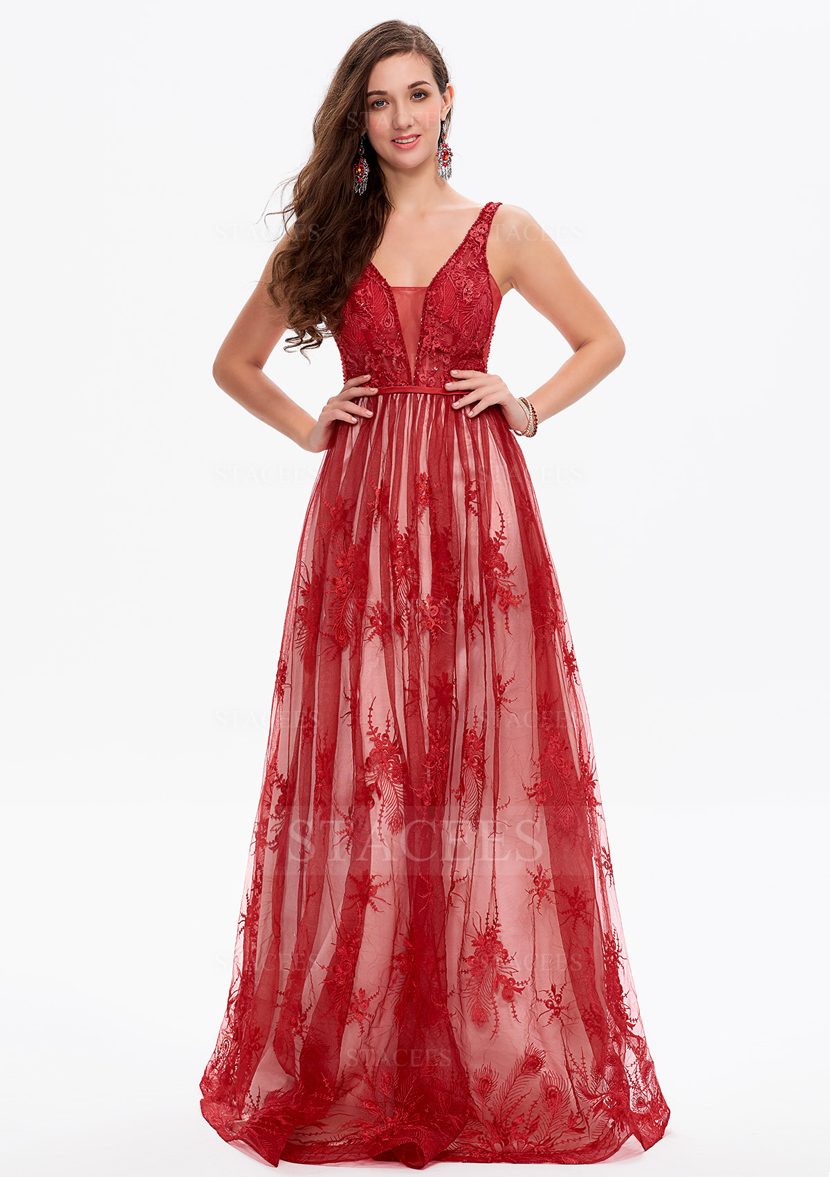 Red Floor-Length V Neck Corset-style A-line Lace Satin Prom Dress - STACEES
