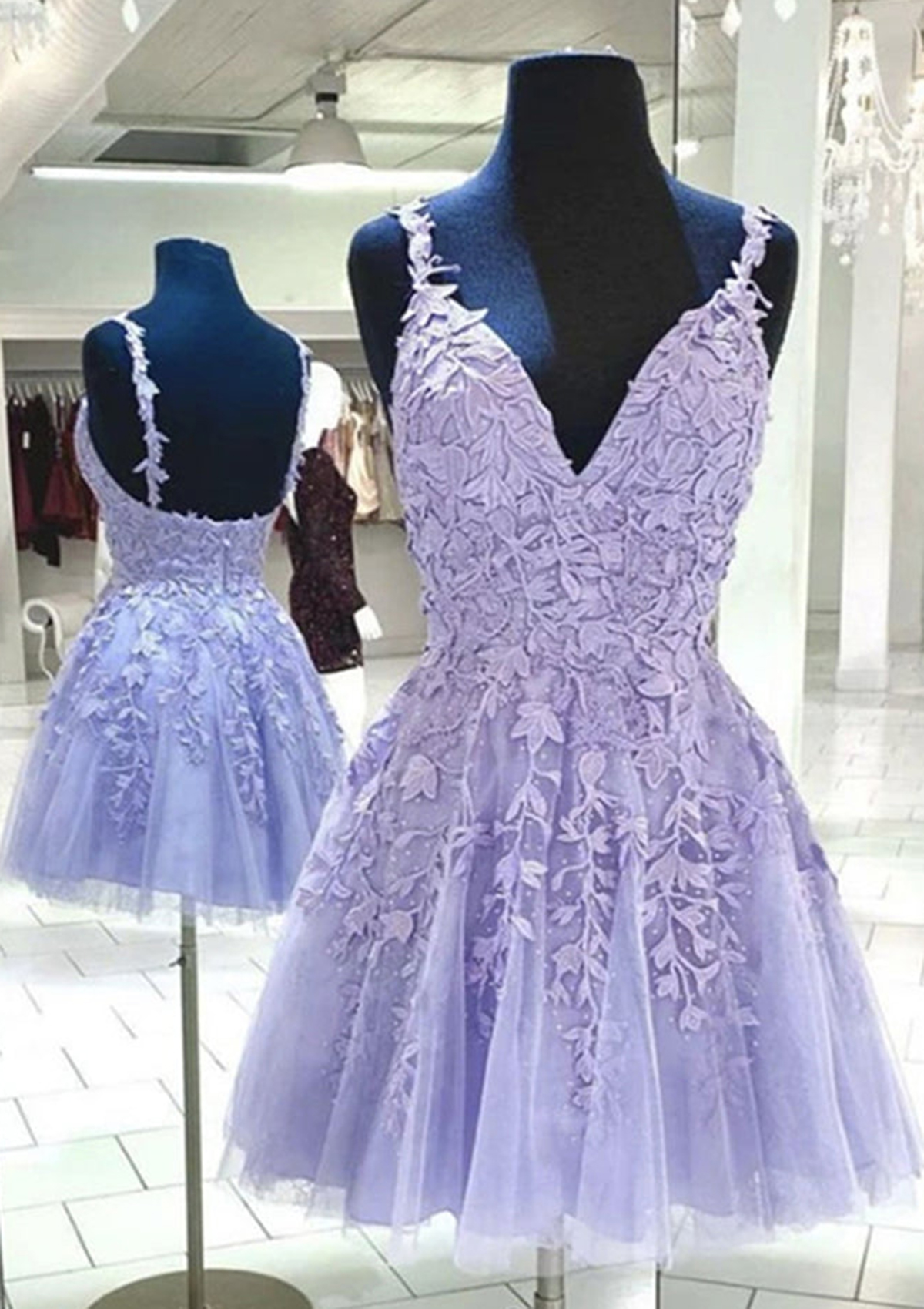 Lavender A-line V Neck Sleeveless Lace Tulle Short/Mini Homecoming Dress With Appliqued Beading - STACEES