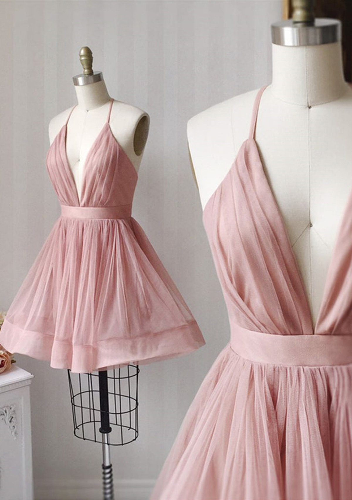 Dusty Pink Sexy Short A-line Tulle Pleated Homecoming Dress - STACEES
