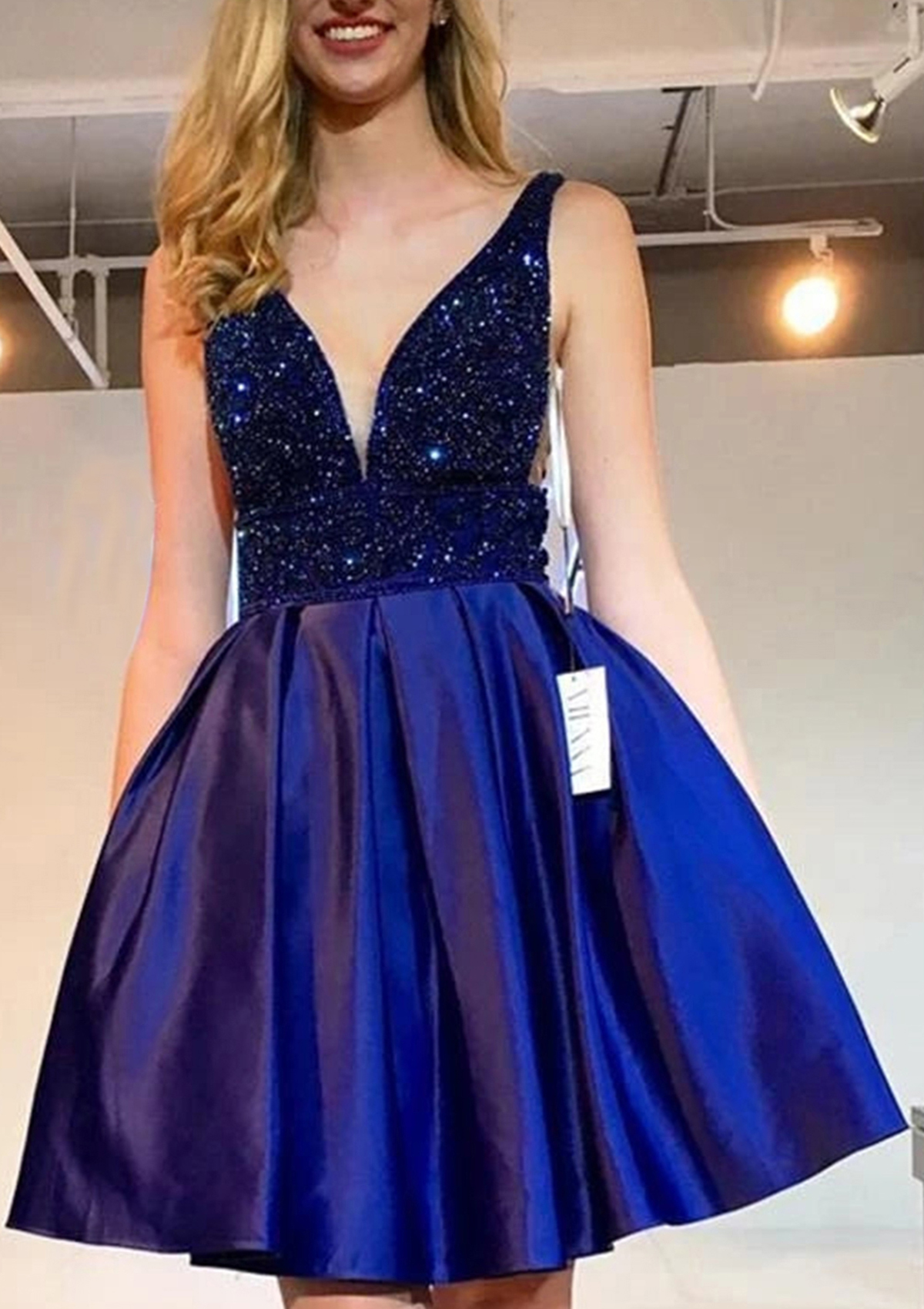 Royal Blue A-line V Neck Sleeveless Taffeta Short/Mini Homecoming Dress With Beading Ruffles Sequins - STACEES