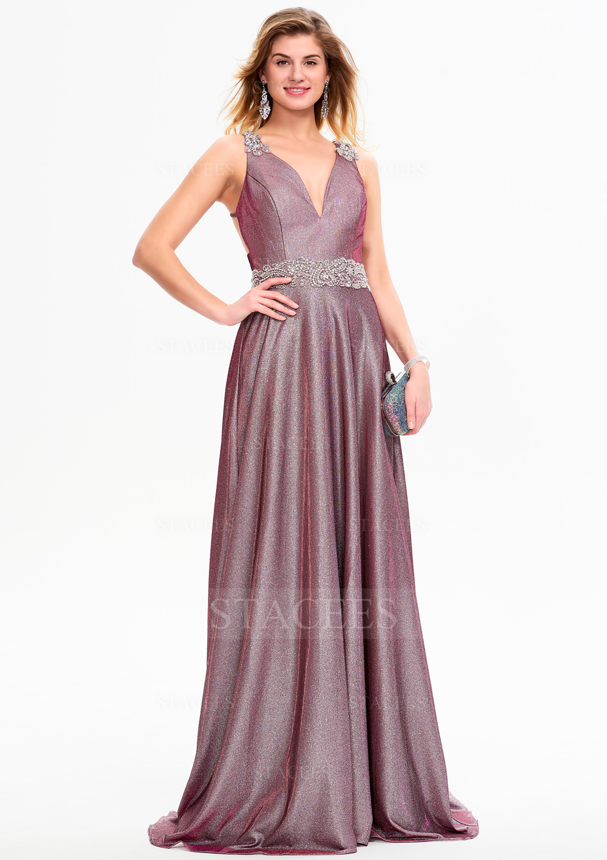 Comme Image Robe Trapèze Col en V Jersey Traîne Balayage Robe de bal avec Perle Paillettes - STACEES