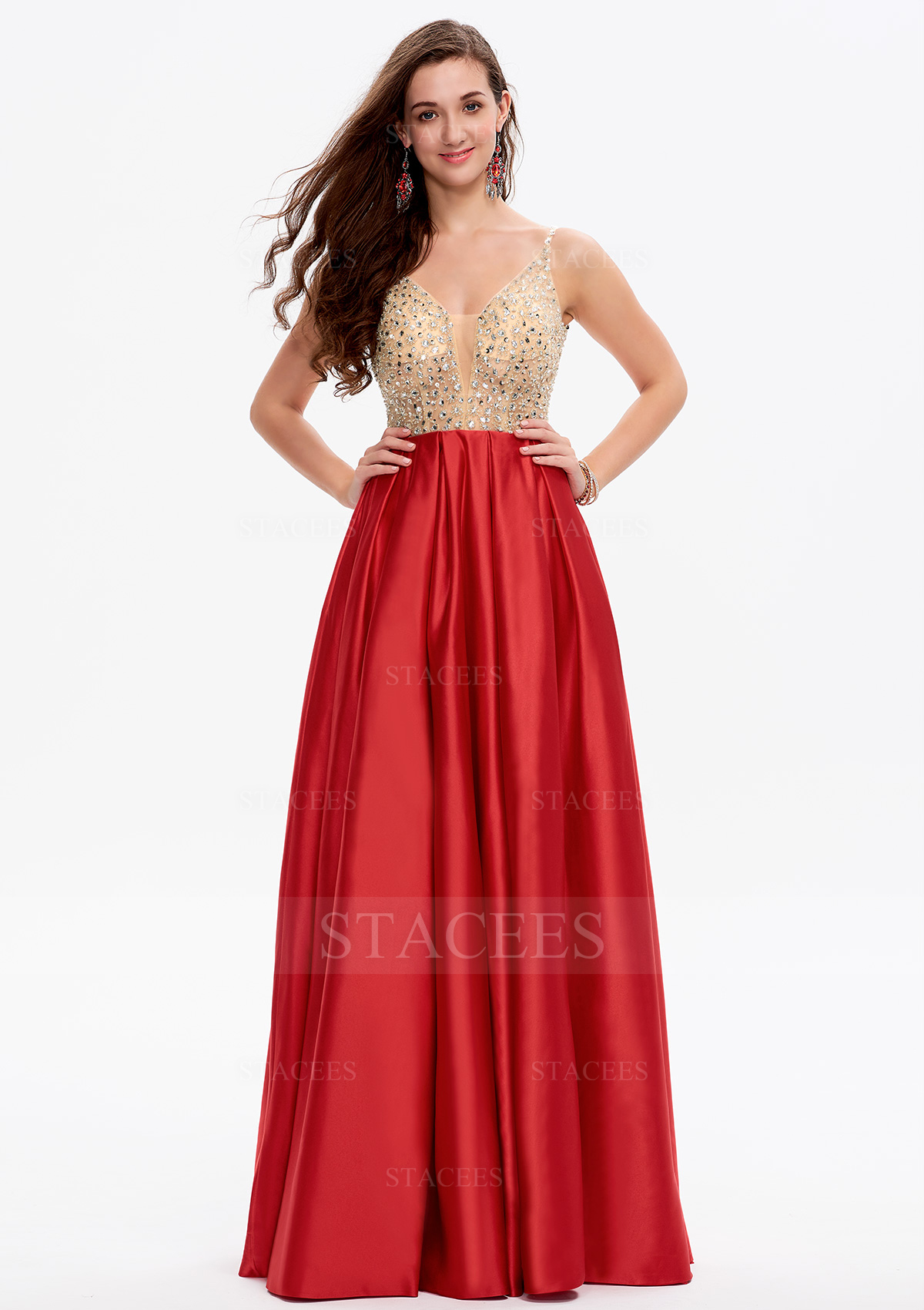 Trapèze col en v satin long/ras du sol robe de bal avec beading sequins