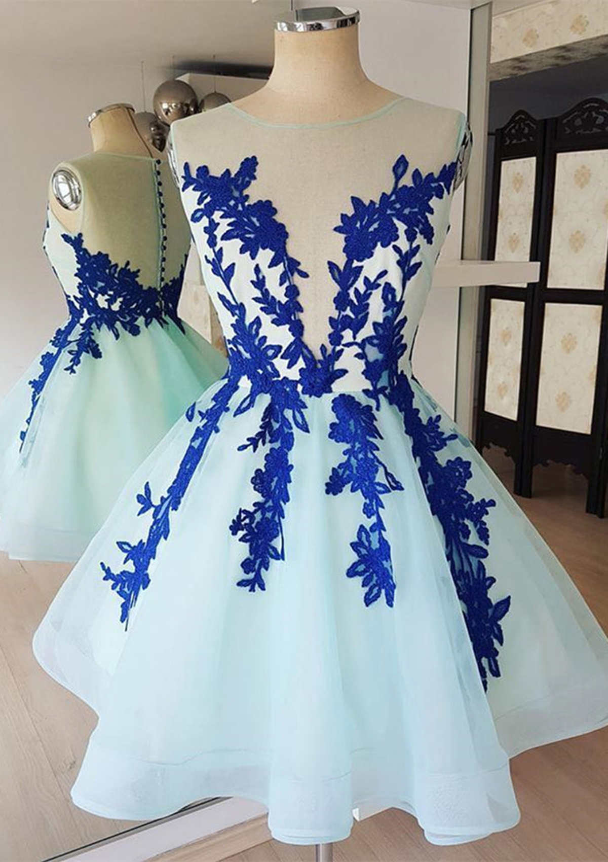 As Picture Ball Gown Princess Illusion Neck Sleeveless Organza Knee-Length Homecoming Dress With Appliqued - STACEES