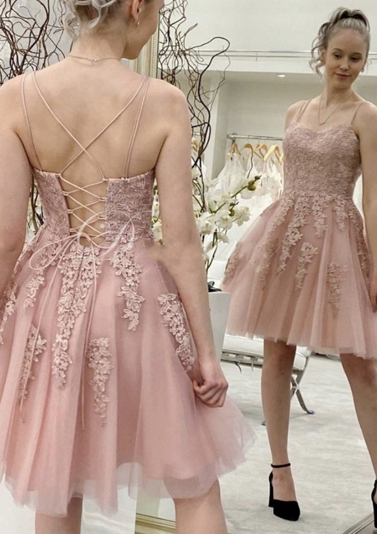 Dusty Pink A-line Scoop Neck Sleeveless Lace Tulle Short/Mini Homecoming Dress - STACEES