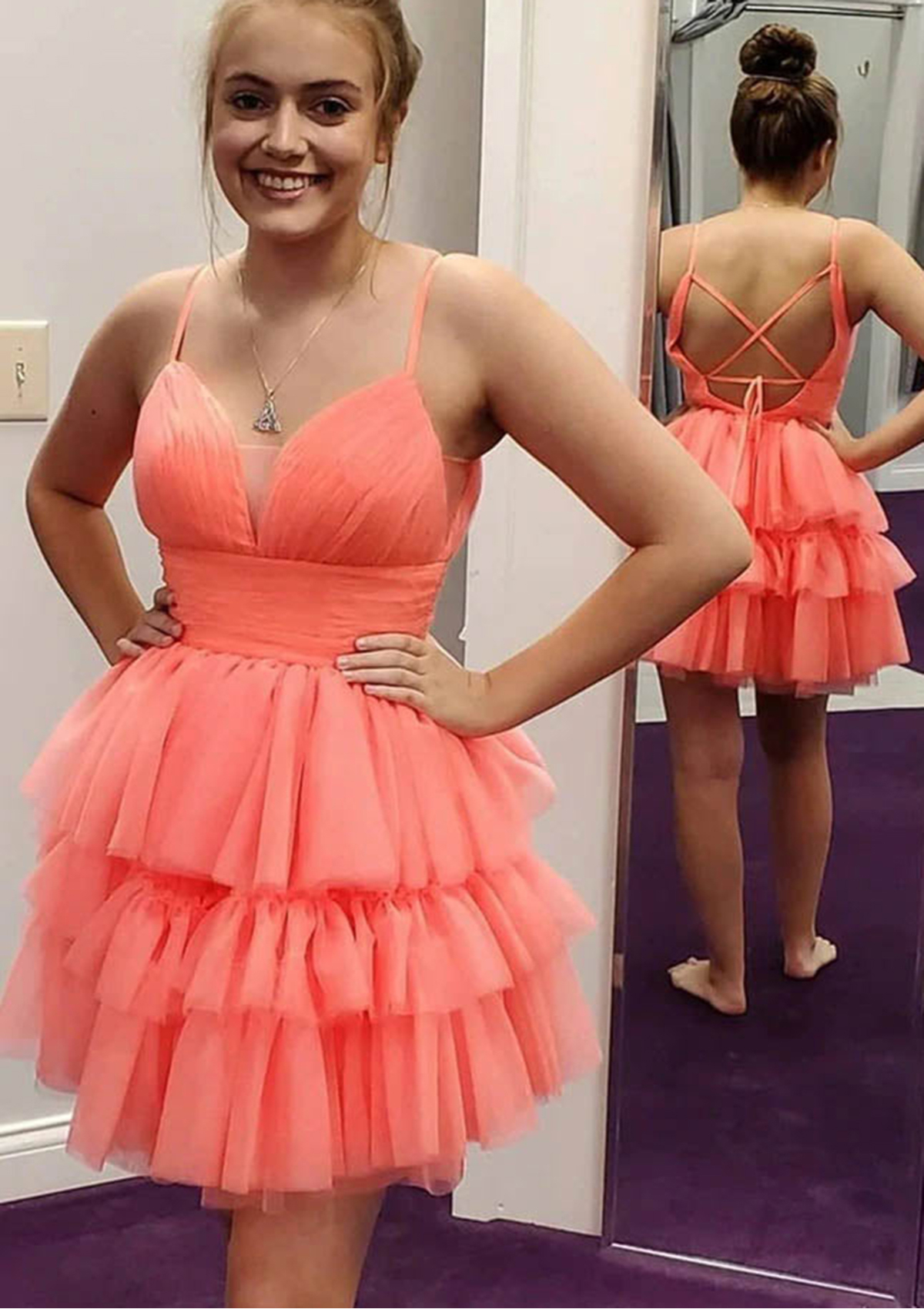 Watermelon A-line V Neck Sleeveless Tulle Short/Mini Homecoming Dress With Pleated Ruffles - STACEES