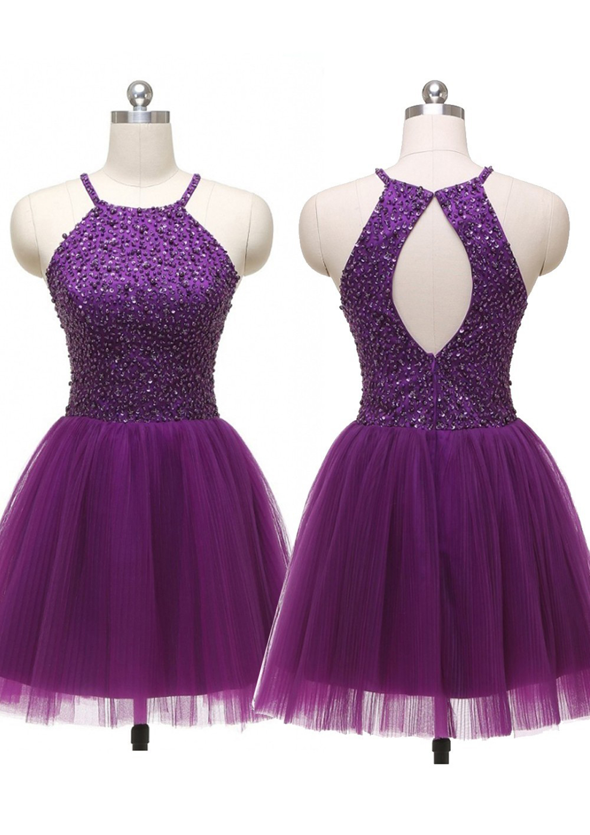 Orchid A-line Halter Sleeveless Tulle Short/Mini Homecoming Dress With Beading Pleated Sequins - STACEES