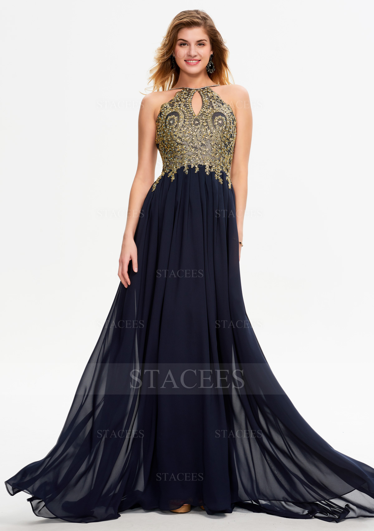 Trapèze licou satin chiffon traîne balayage robe de bal avec sequins beading appliqué