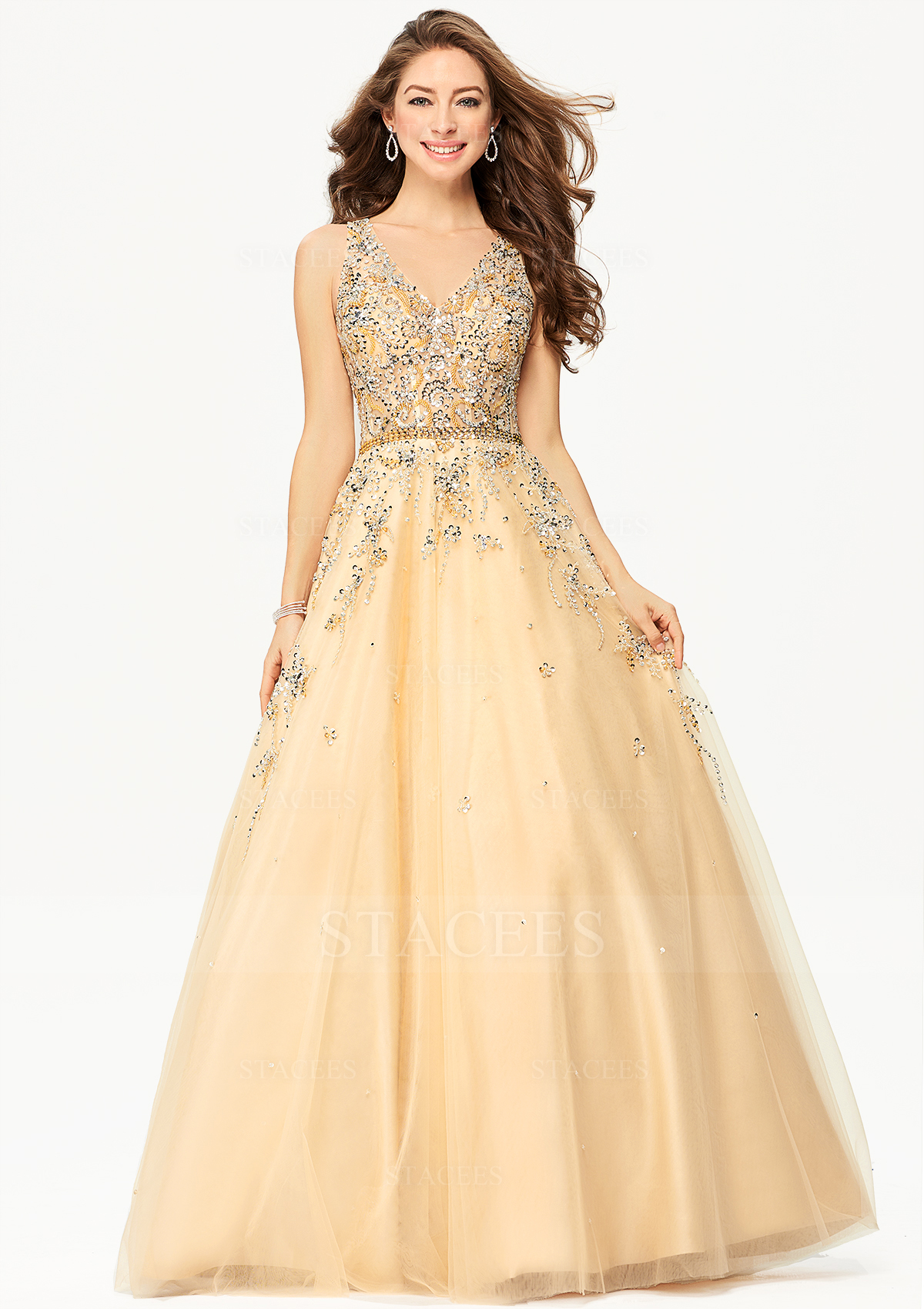Champagne Robe marquise robe princesse col en v longueur ras du sol robe de bal - STACEES