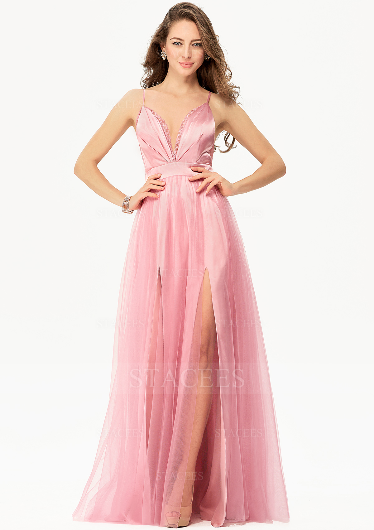 Blushing Pink A-line V Neck Sleeveless Tulle Charmeuse Long/Floor-Length Prom Dress With Lace Split - STACEES