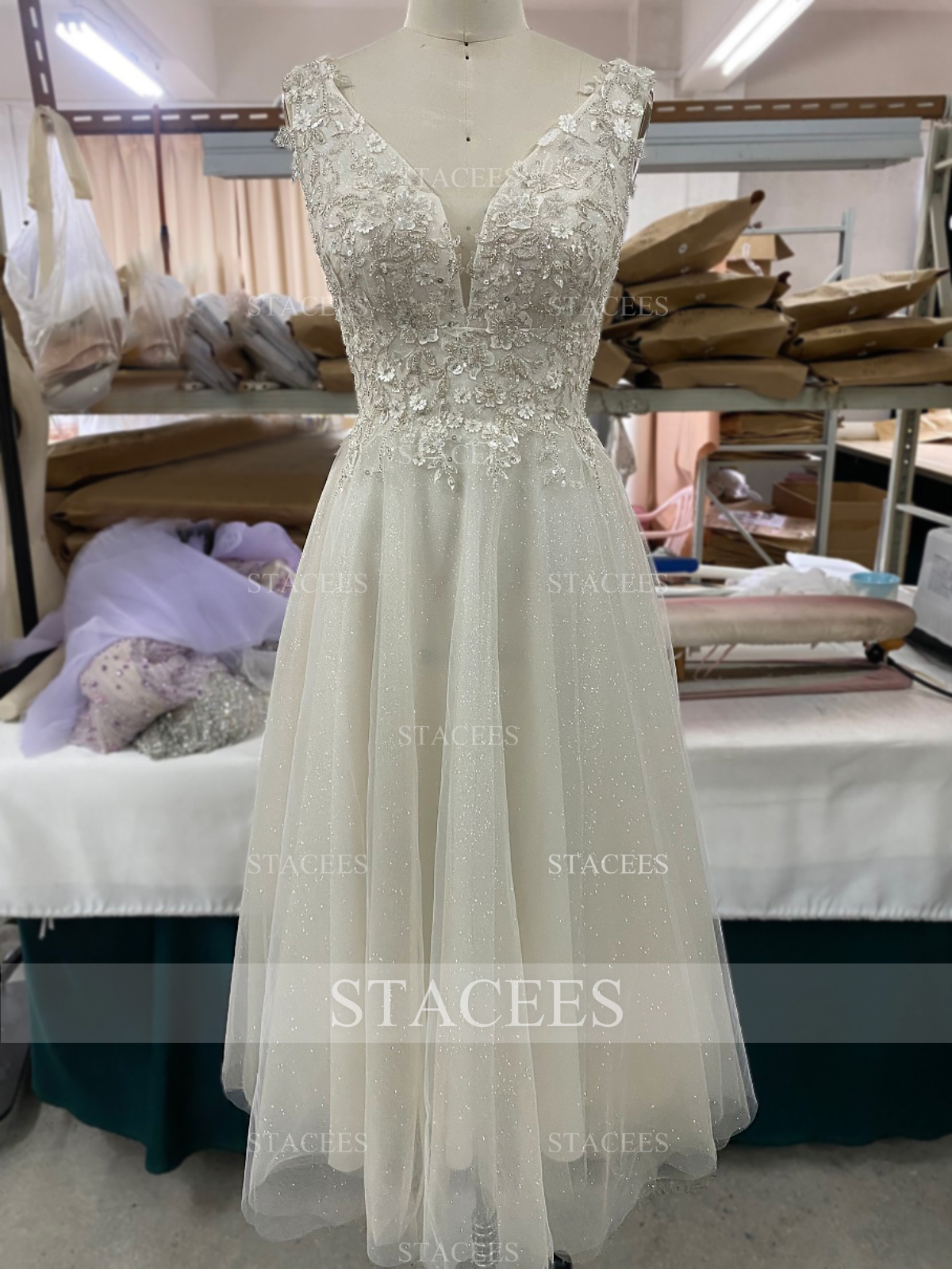 Ivory Tulle Wedding Dress A-line/Princess Tea-Length With Appliqued - STACEES
