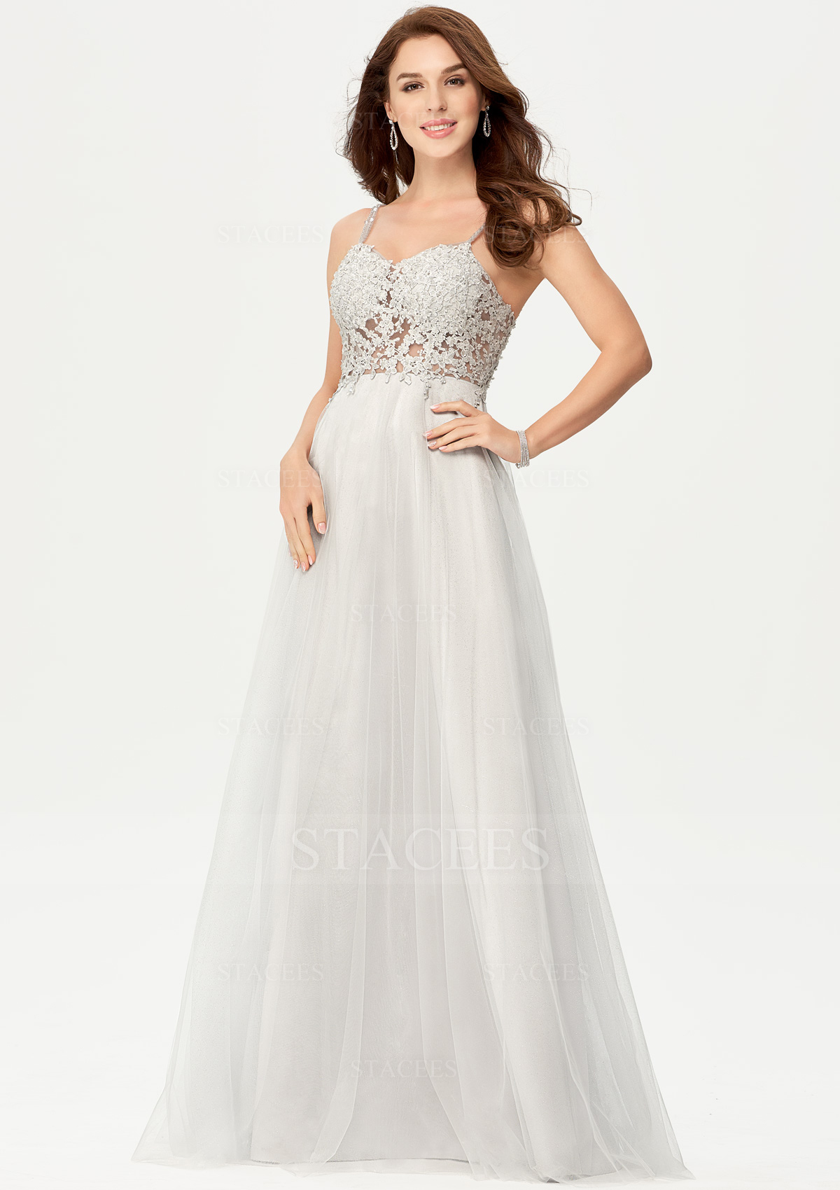 Trapèze coeur satin tulle long/ras du sol robe de bal avec appliqued beading glitter