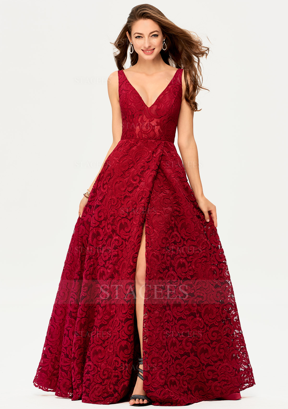 A-line V Neck Sleeveless Satin Lace Long/Floor-Length Prom Dress With Split