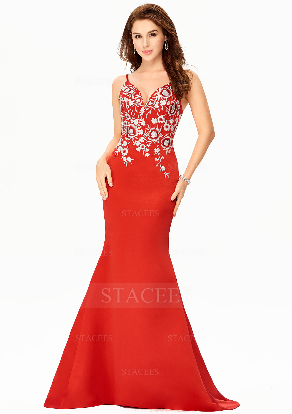 Red Trumpet/Mermaid V Neck Sleeveless Satin Sweep Train Prom Dress With Embroidery - STACEES