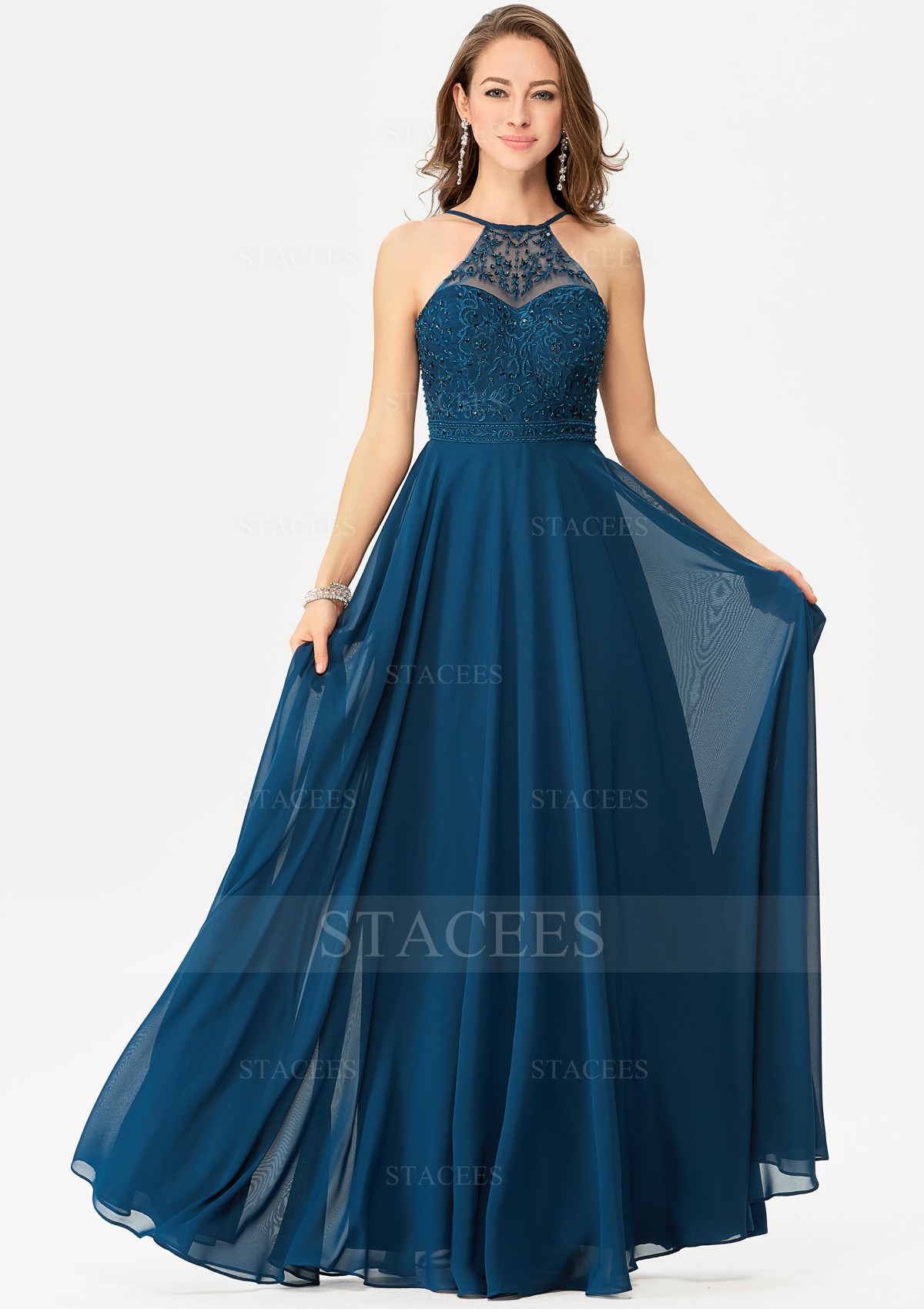 Trapèze licou mousseline long/ras du sol robe de bal avec beading sequins embroidery