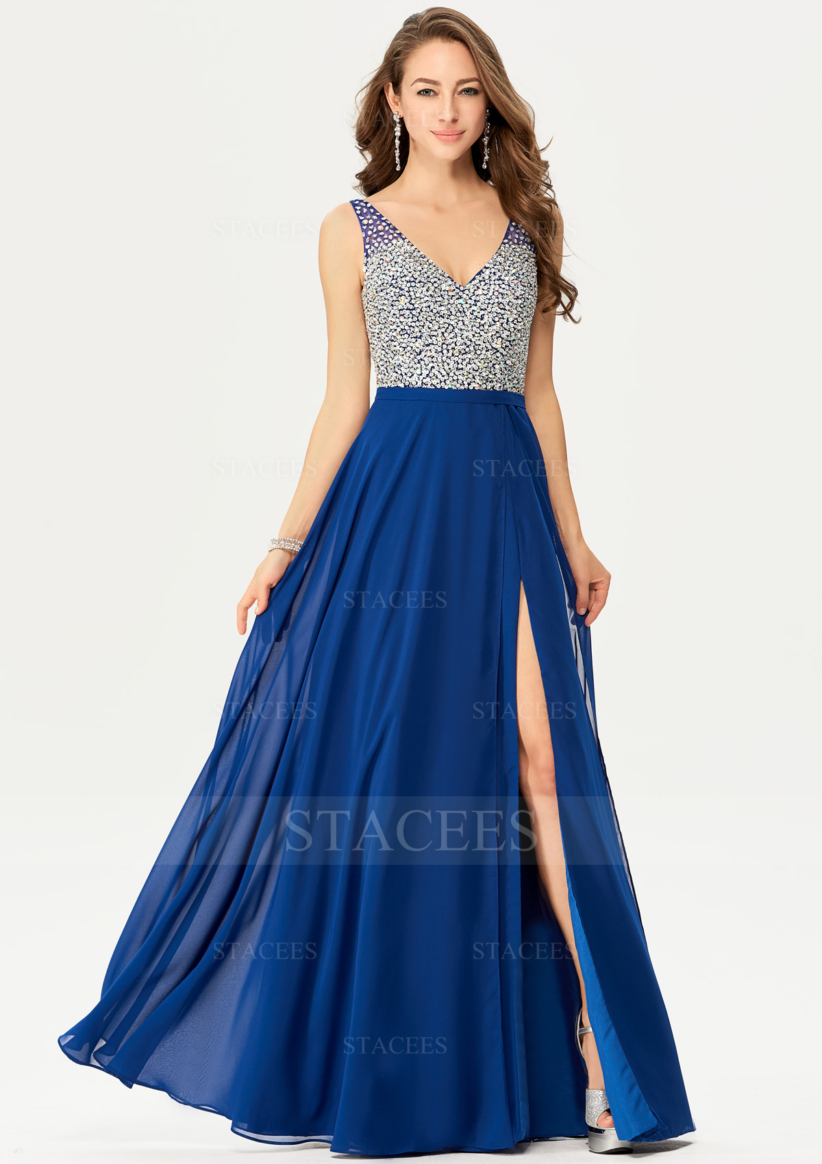 Vestido línea a escote en v gasa hasta el suelo vestido de graduación