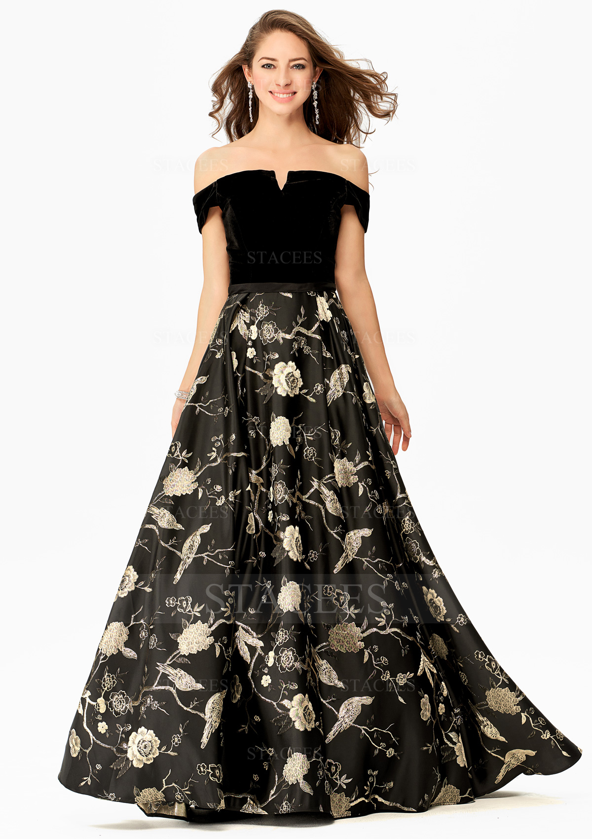 Robe Trapèze Épaule Dénudée Velours Satin Elasthanne Longueur Ras du Sol Robe de bal