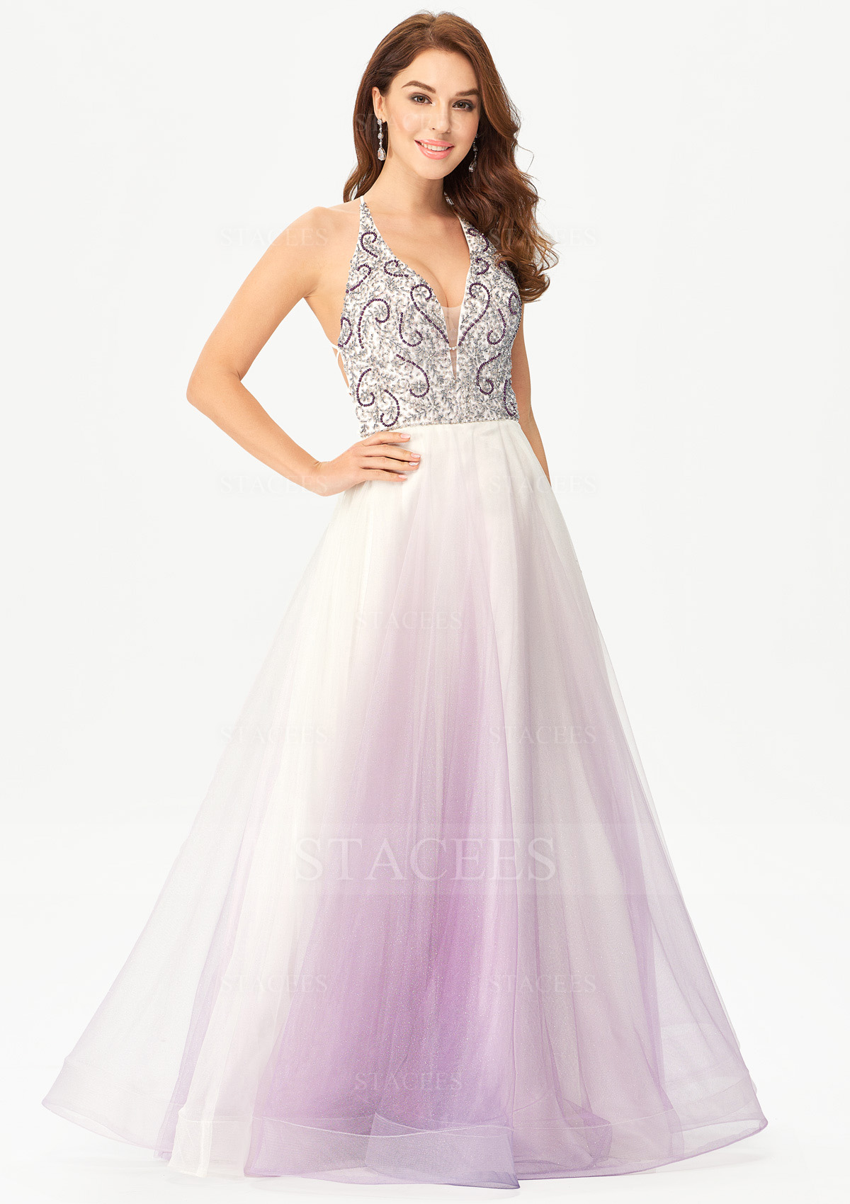 As Picture A-line V Neck Sleeveless Tulle Satin Long/Floor-Length Prom Dress With Beading Crystal Glitter - STACEES