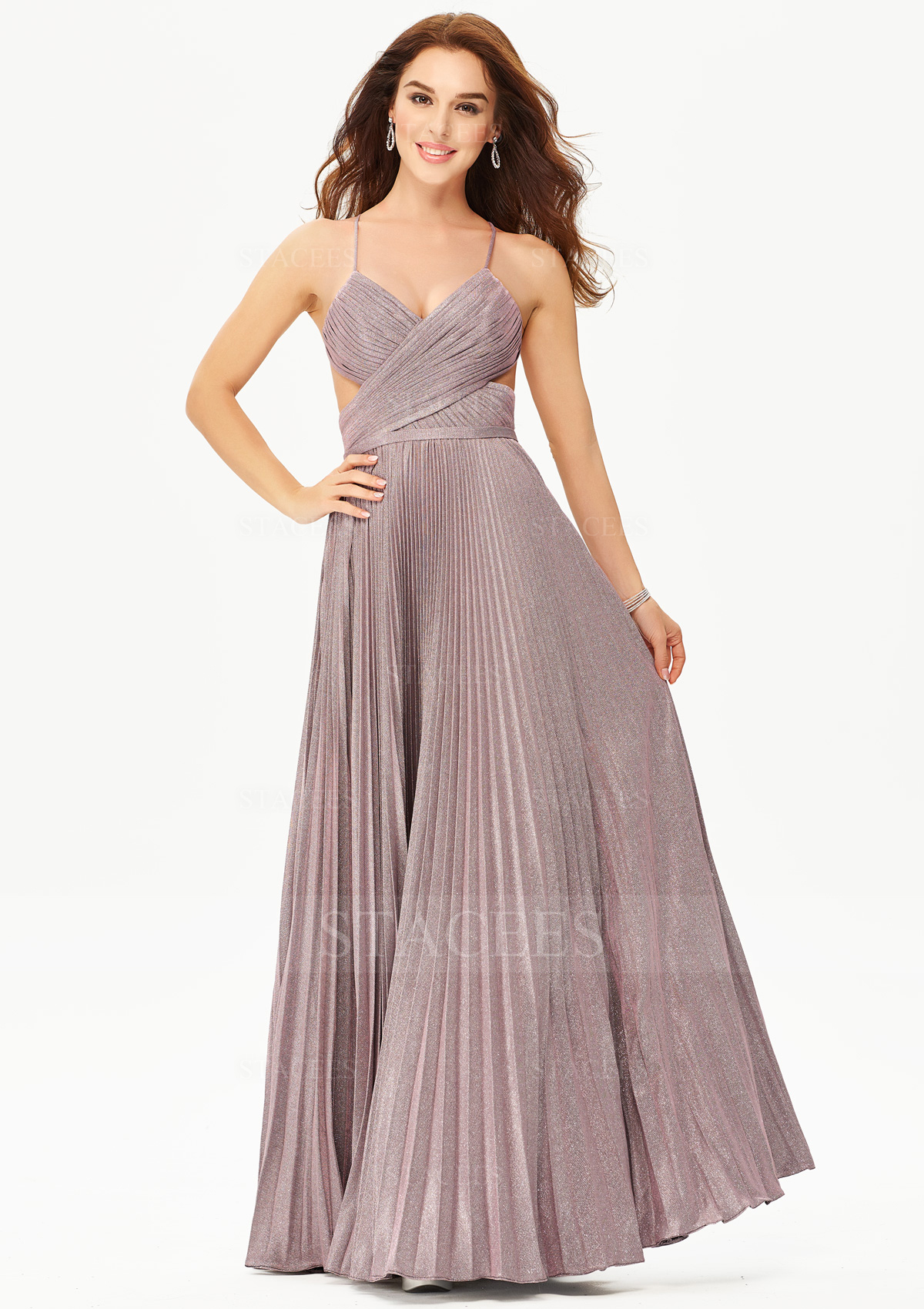 Robe trapèze col en v tricoter longueur ras du sol robe de bal avec plissé brillant