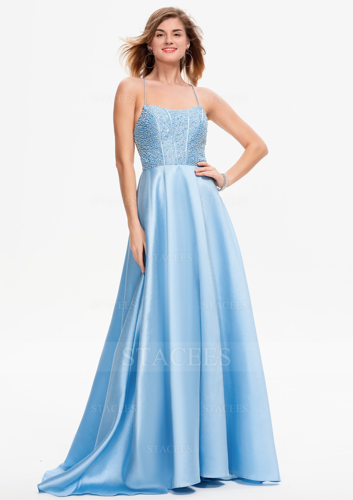 Bleu Ciel Robe trapèze scoop satin longueur ras du sol robe de bal avec perle paillettes - STACEES