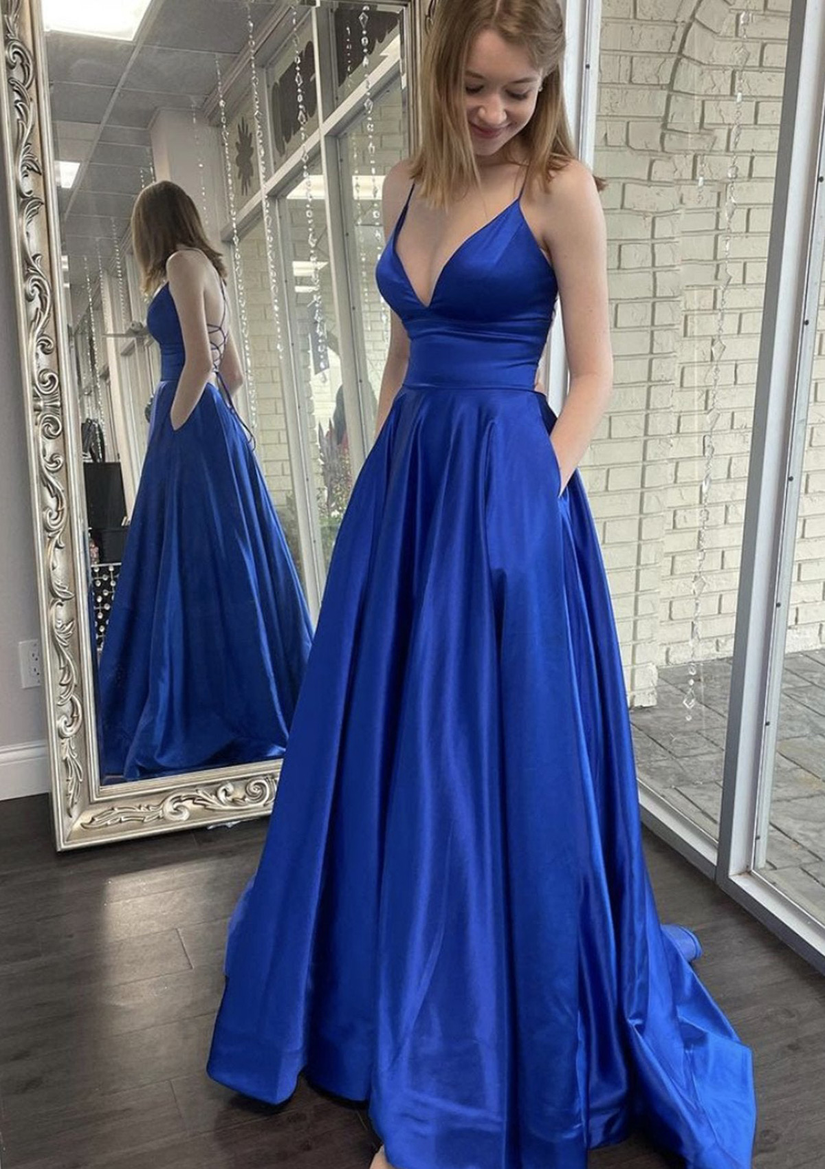 Royal Blue A-line V Neck Spaghetti Straps Sweep Train Charmeuse Prom Dress With Pockets - STACEES