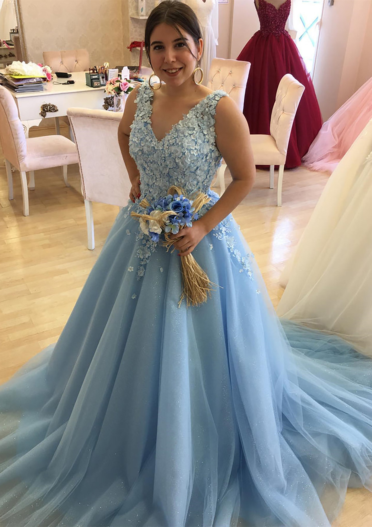 Sky Blue Ball Gown V Neck Sleeveless Tulle Glitter Court Train Prom Dress With Appliqued - STACEES