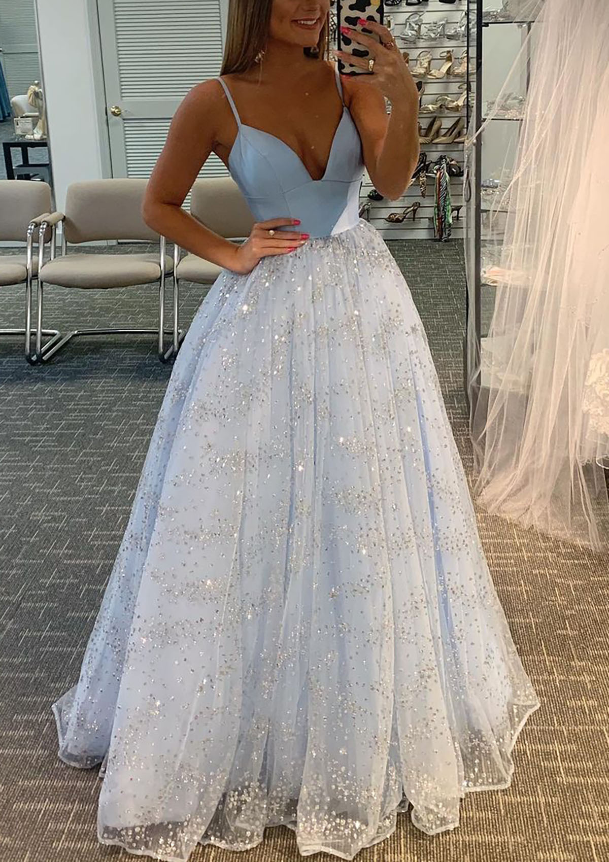 dress with princess cut Stacees Prom Dress A-line Princess Sweetheart Sleeveless Tulle Satin Sweep Train Glitter
