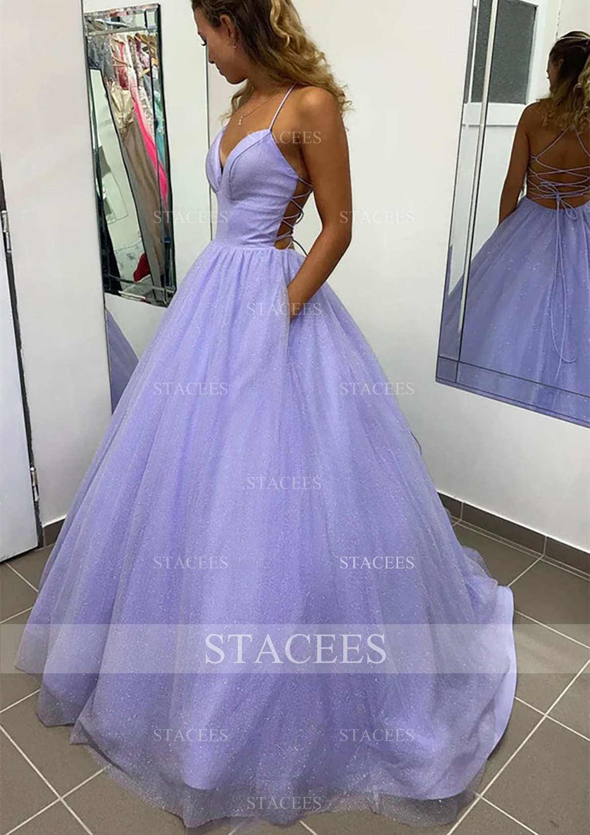 Lavender A-line V Neck Spaghetti Straps Long/Floor-Length Glitter Prom Dress With Pockets - STACEES