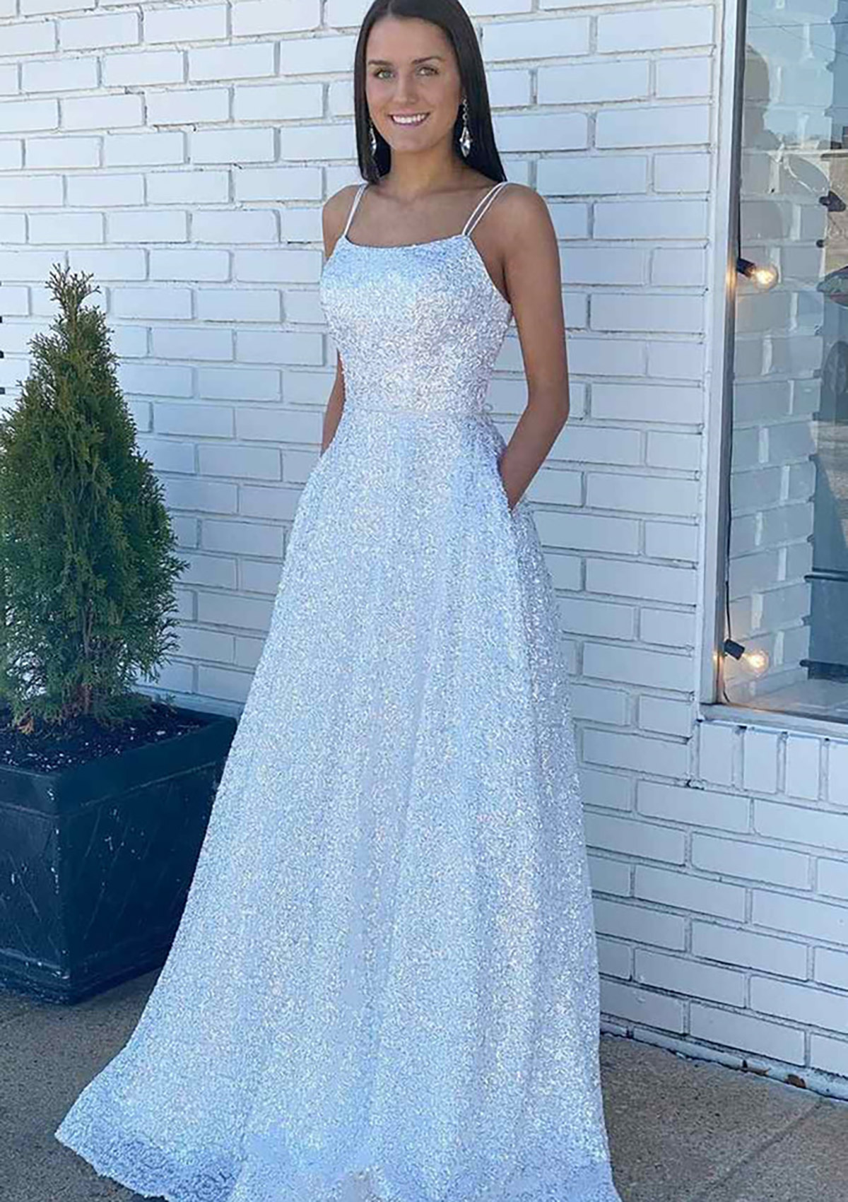 White A-line Bateau Sleeveless Sequined Long/Floor-Length Prom Dress With Beading Pockets - STACEES