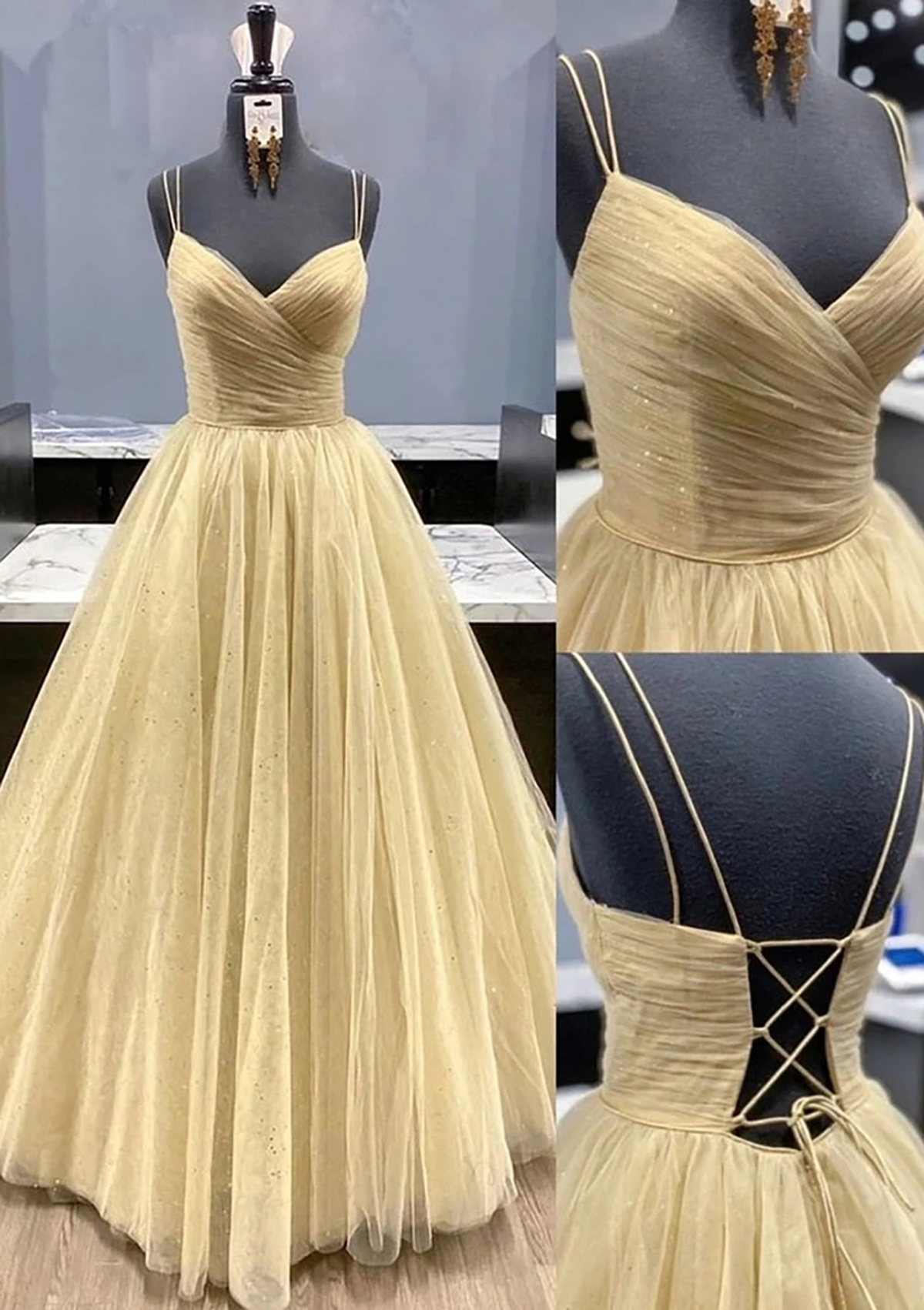 Yellow Ball Gown V Neck Sleeveless Long/Floor-Length Tulle Prom Dress With Pleated Sequins - STACEES