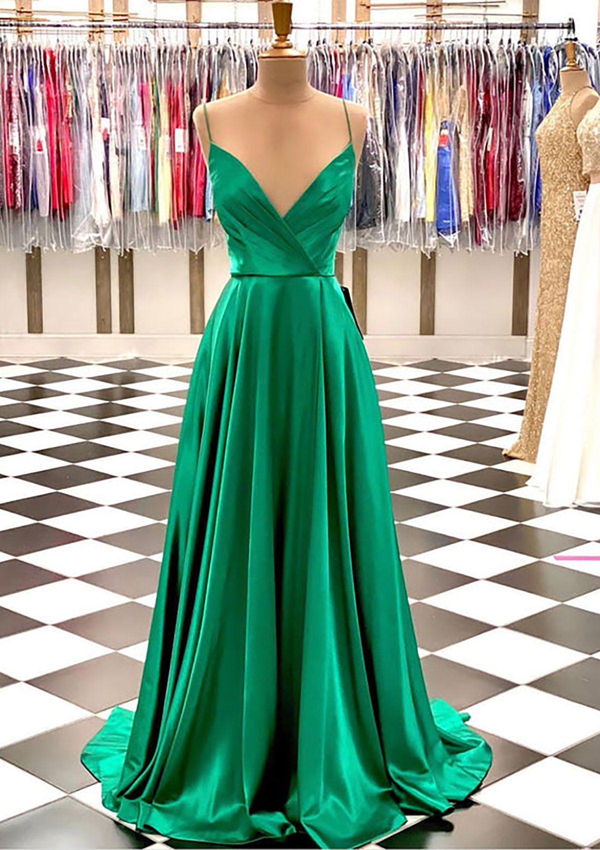 Hunter Green A-line V Neck Spaghetti Straps Sweep Train Charmeuse Prom Dress With Pleated - STACEES