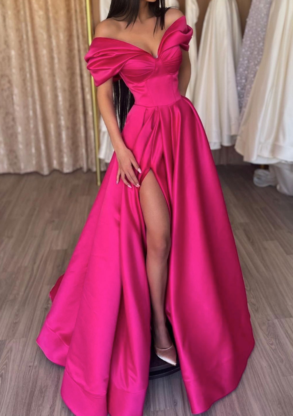 Fuchsia A-line Off-the-Shoulder Short Sleeve Satin Long/Floor-Length Prom Dress With Ruffles Split - STACEES