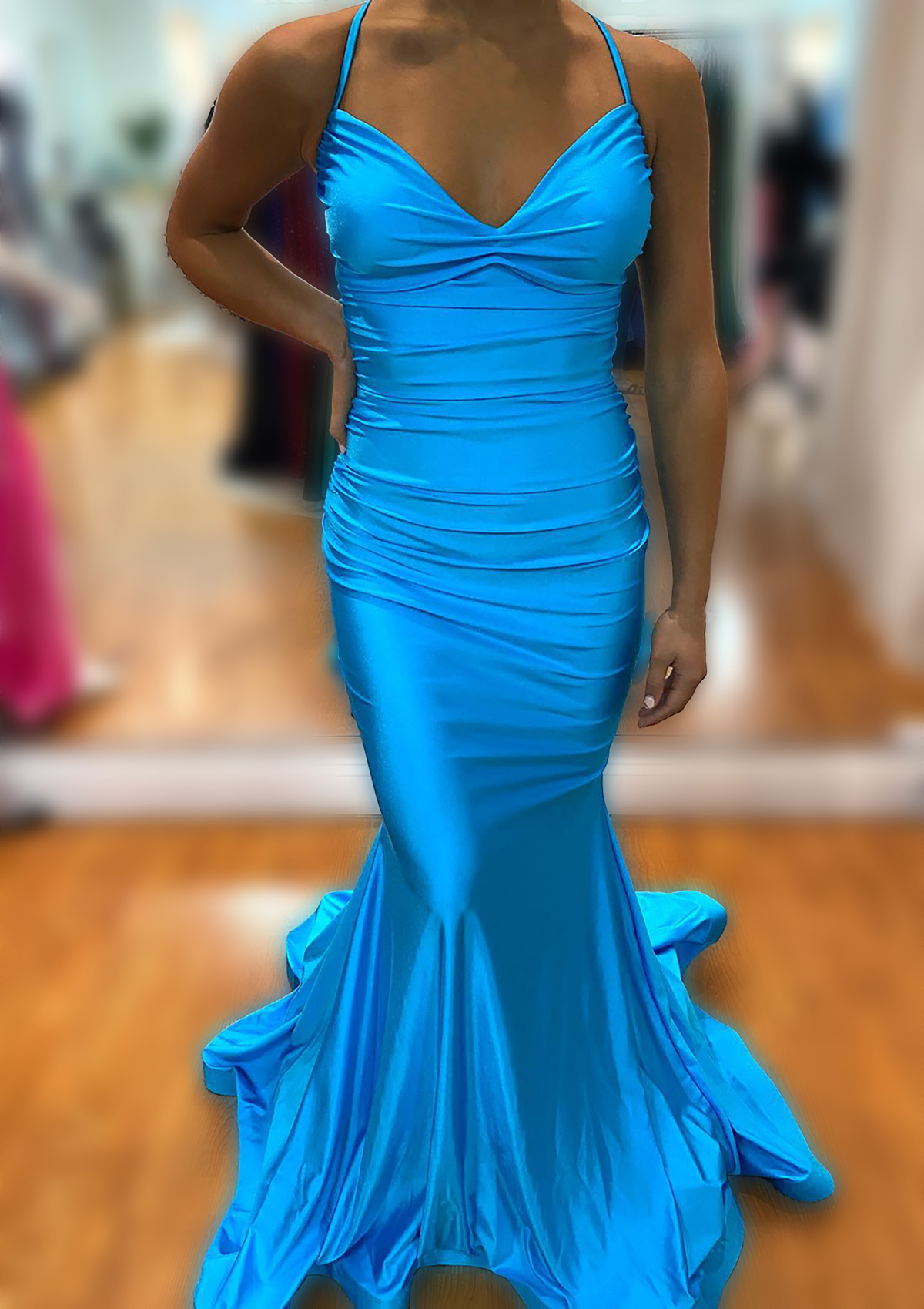 As Picture Trumpet/Mermaid V Neck Sleeveless Sweep Train Jersey Prom Dress With Pleated - STACEES