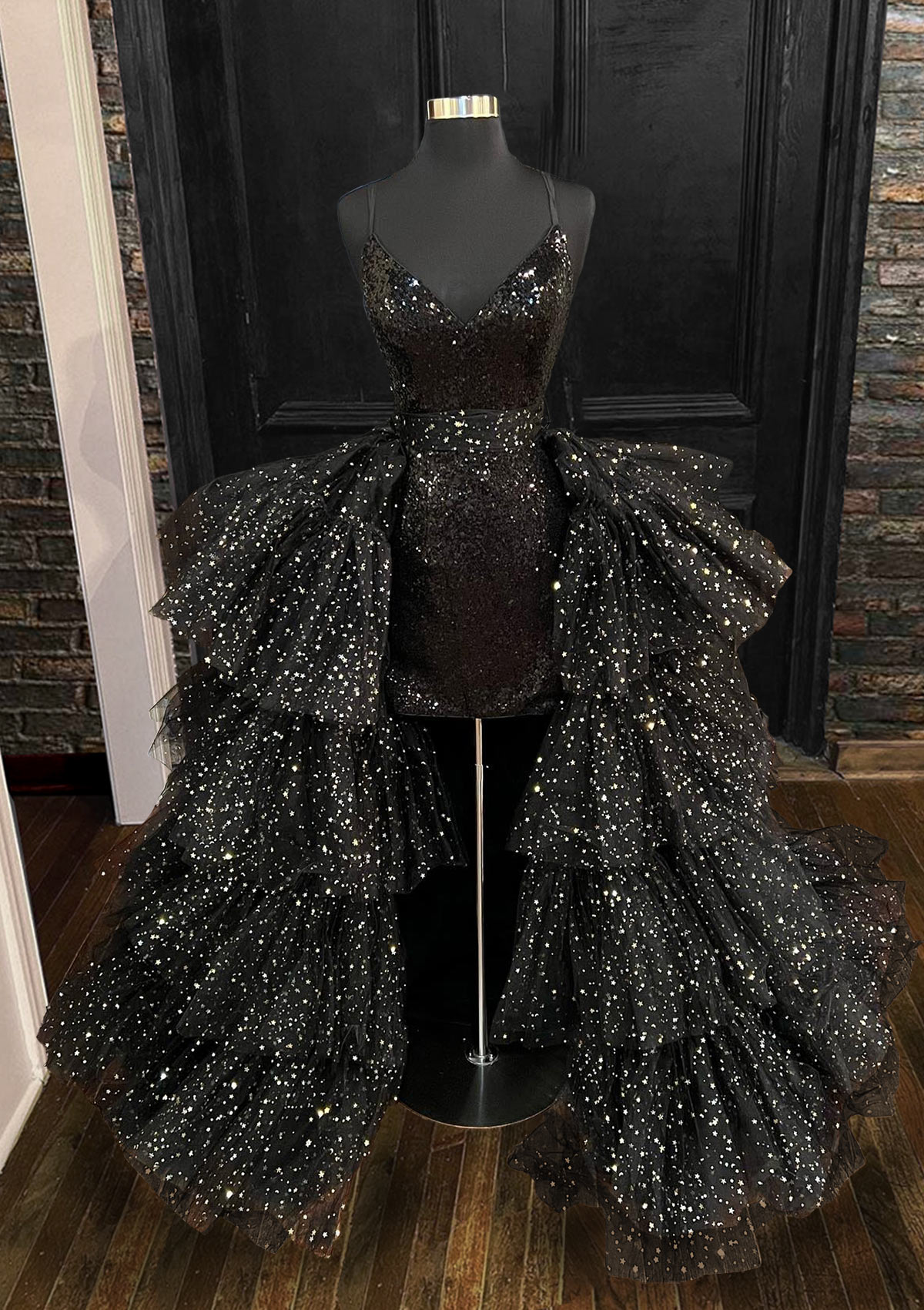 Noir Robe trapèze col en v paillettes longueur ras du sol robe de bal avec volants - STACEES