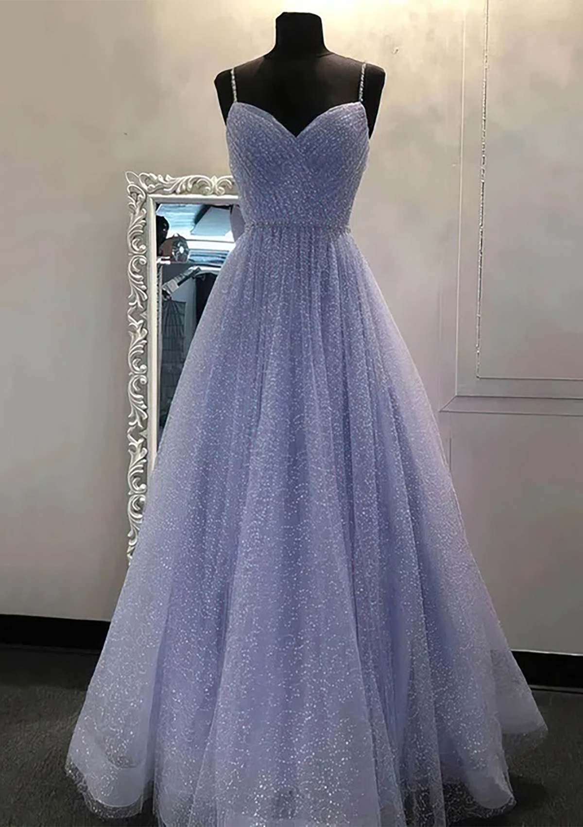 Lavender A-line V Neck Spaghetti Straps Long/Floor-Length Tulle Prom Dress With Beading Sequins - STACEES